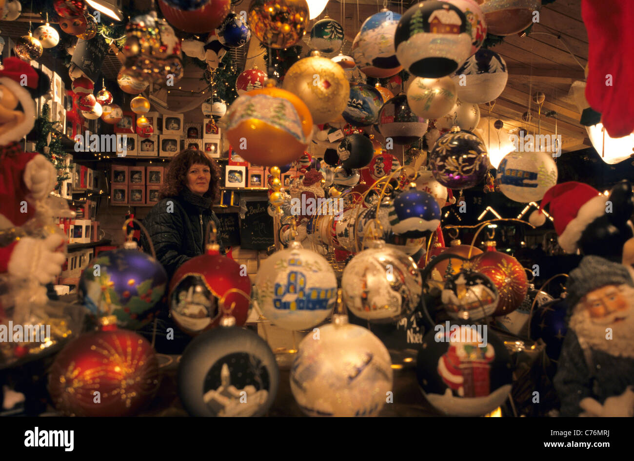 Christmas balls stand, Christmas market, PLace St Louis, Metz, Lorraine region, France Stock Photo