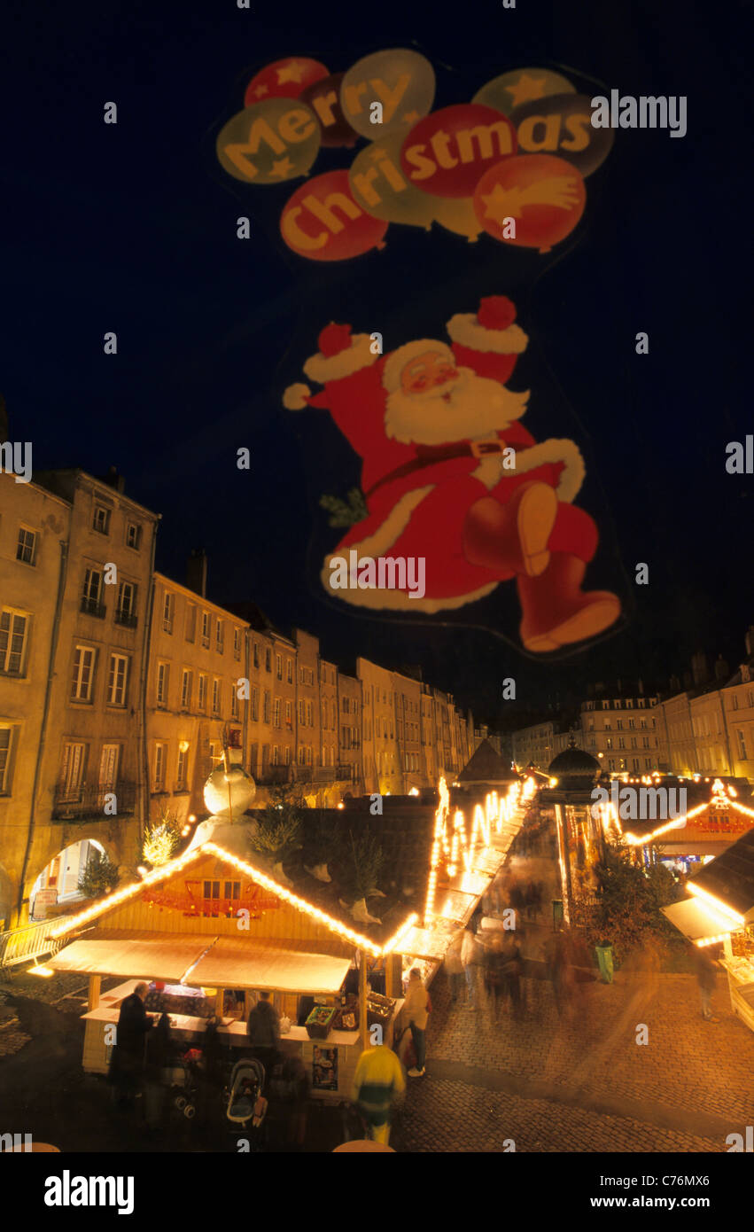 Santa Claus window stick and Christmas market, Place St Louis, Metz, Lorraine region, France Stock Photo