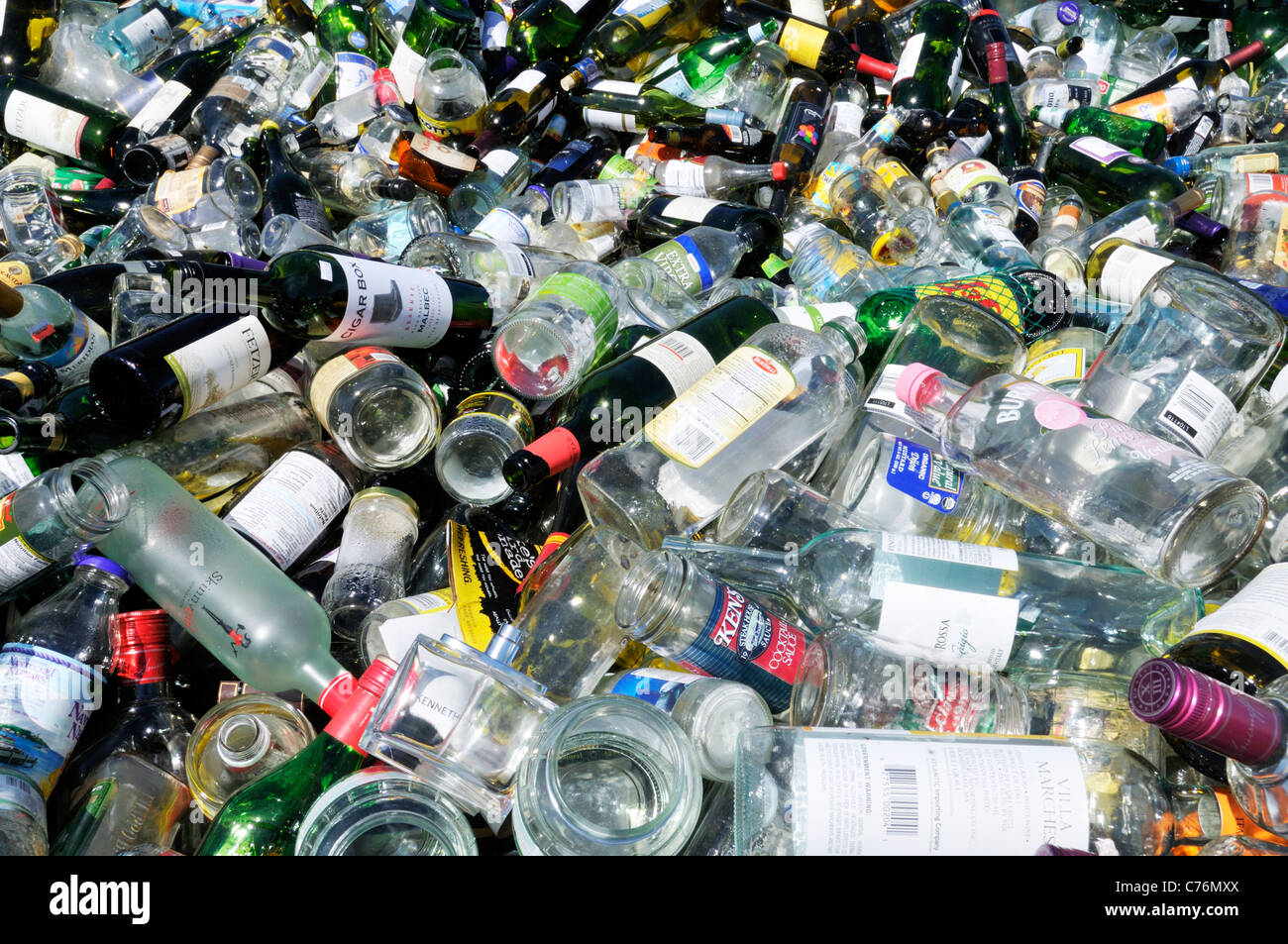 Detail of pile of discarded glass bottles for recycling, USA. Stock Photo