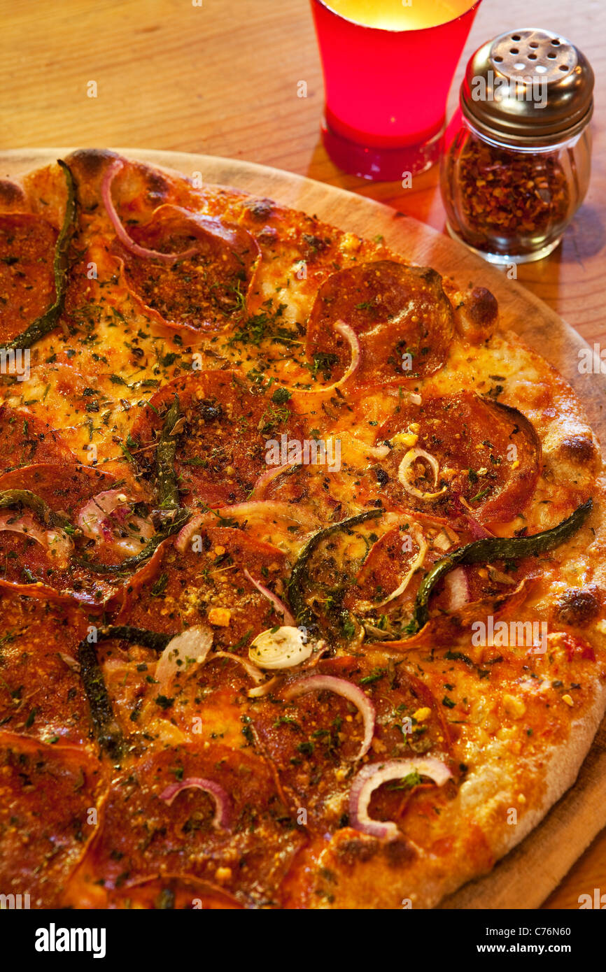 pepperoni and pasilla chile pizza, Flatbread, Los Alamos, California