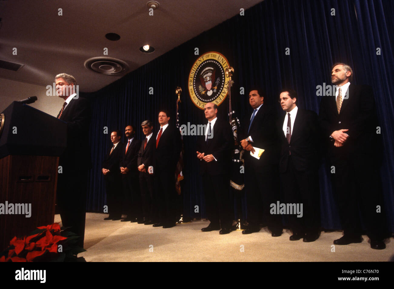 US President Bill Clinton announces his new cabinet during a news conference in the Old Executive Office Building Stock Photo