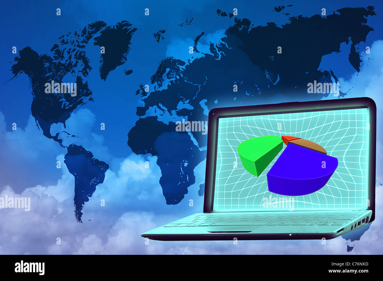 laptop with piechart over map of the world Stock Photo