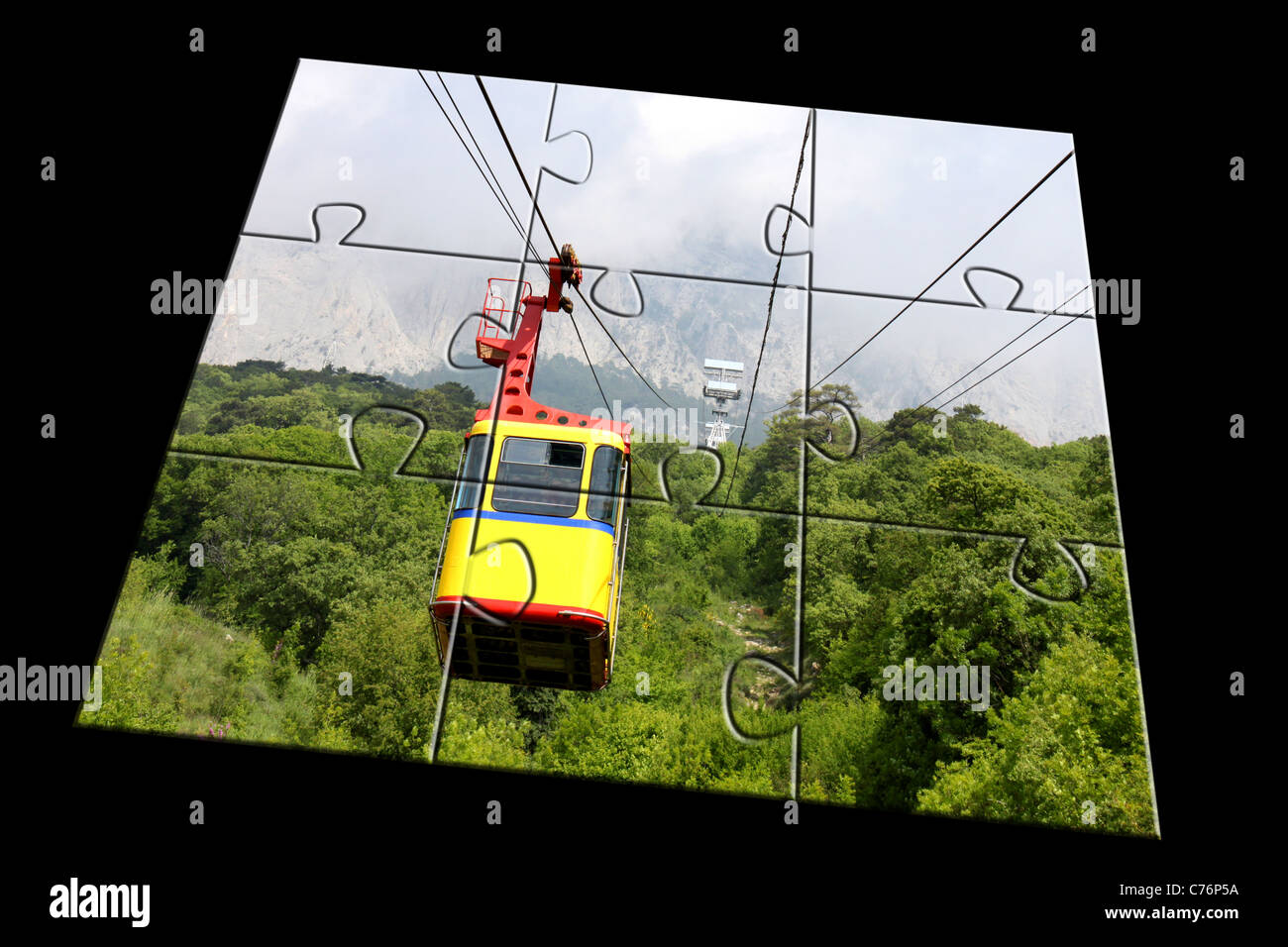 jigsaw puzzle parts with image of ropeway cabin going from mountain Stock Photo