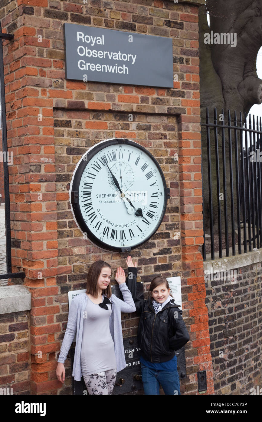 England, London, Greenwich, Royal Observatory, Greenwich Mean Time Clock Stock Photo