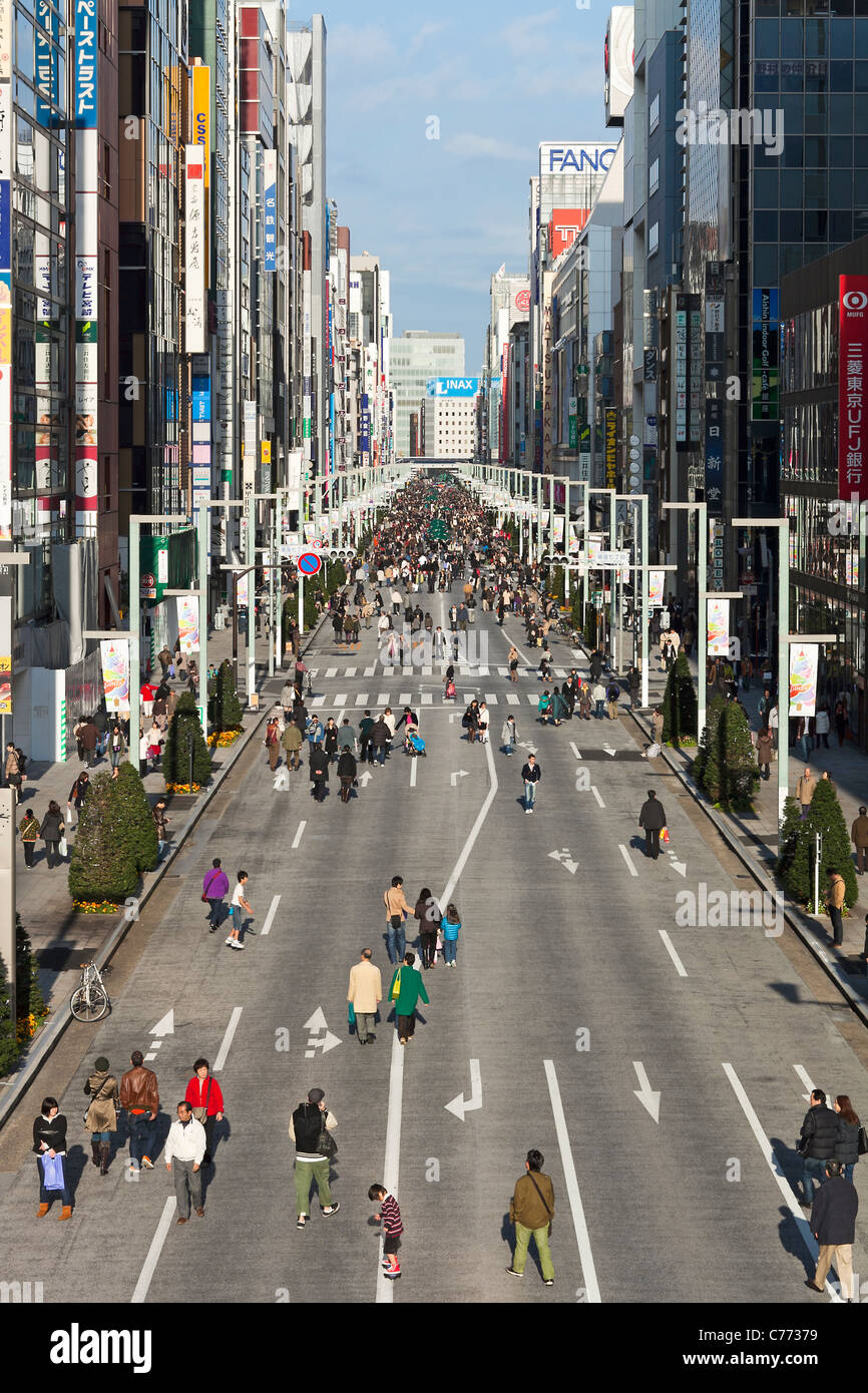 Asia, Japan, Honshu, Tokyo, Ginza, fashionable shopping and entertainment district viewed along Chuo Dori Street - elevated view Stock Photo