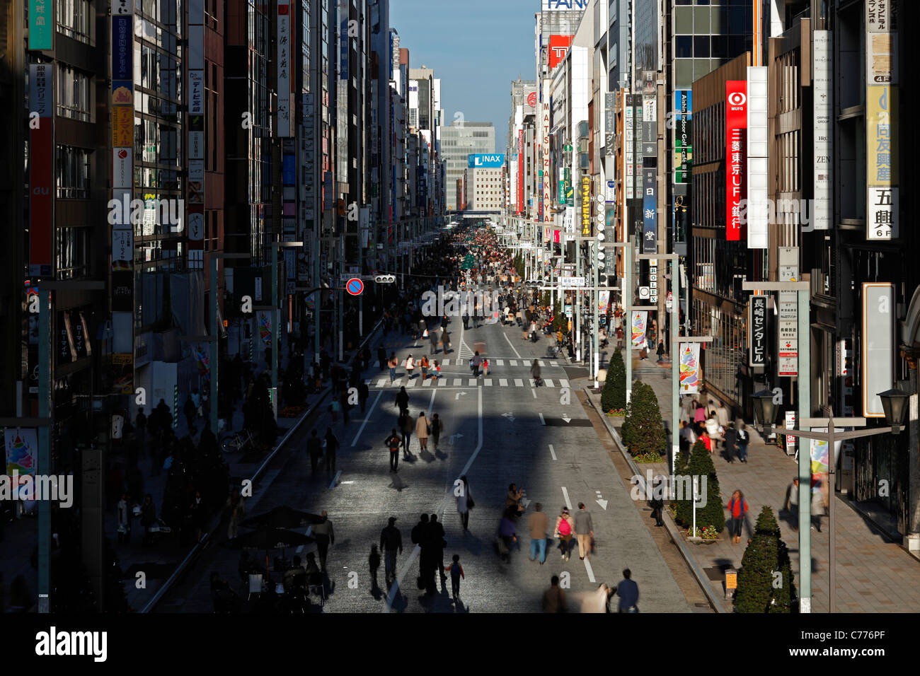 Asia, Japan, Honshu, Tokyo, Ginza, fashionable shopping and entertainment district viewed along Chuo Dori Street - elevated view Stock Photo