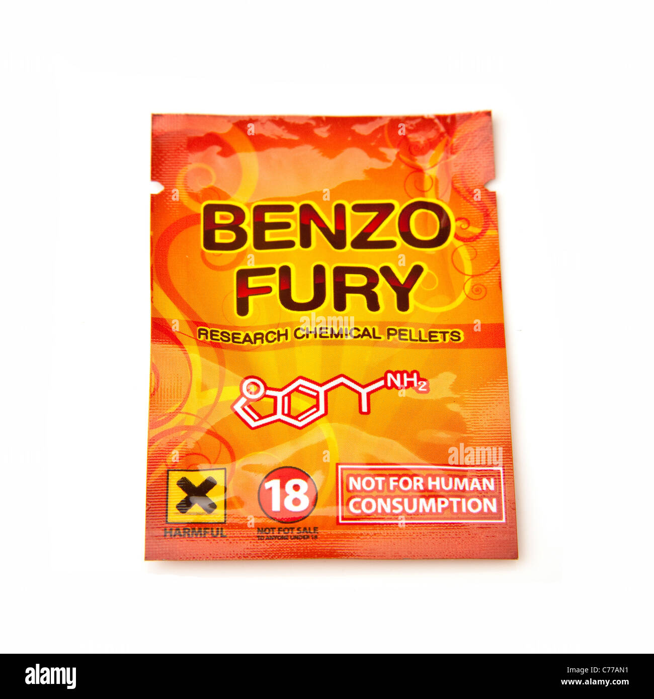 Packet of Benzo Fury,  6-APDB is a legal high or 'research chemical' with similar effects to the illegal drug MDMA and ecstasy. Stock Photo