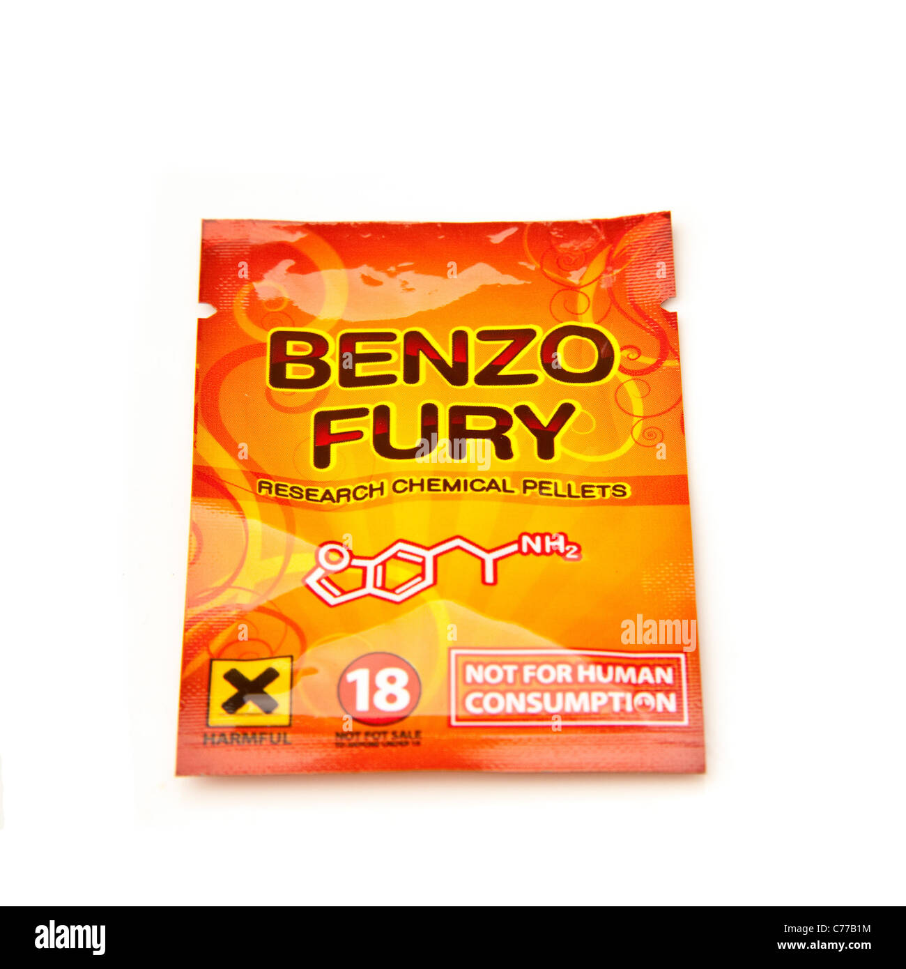 Packet of Benzo Fury,  6-APDB is a legal high or 'research chemical' with similar effects to the illegal drug MDMA and ecstasy. Stock Photo