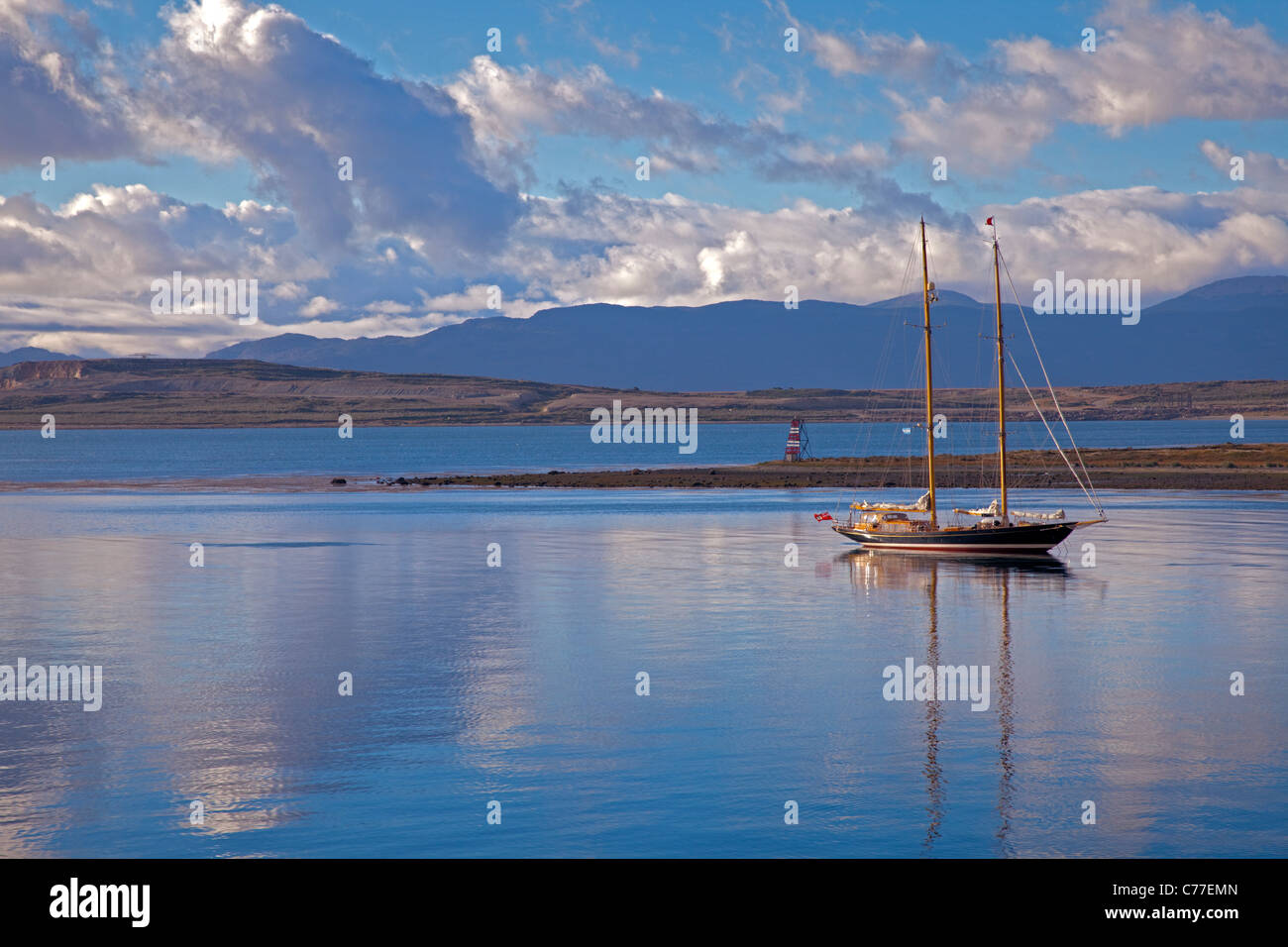 Yacht in Commercial Harbour at Ushuaia, Tierra del Fuego, Argentina Stock Photo