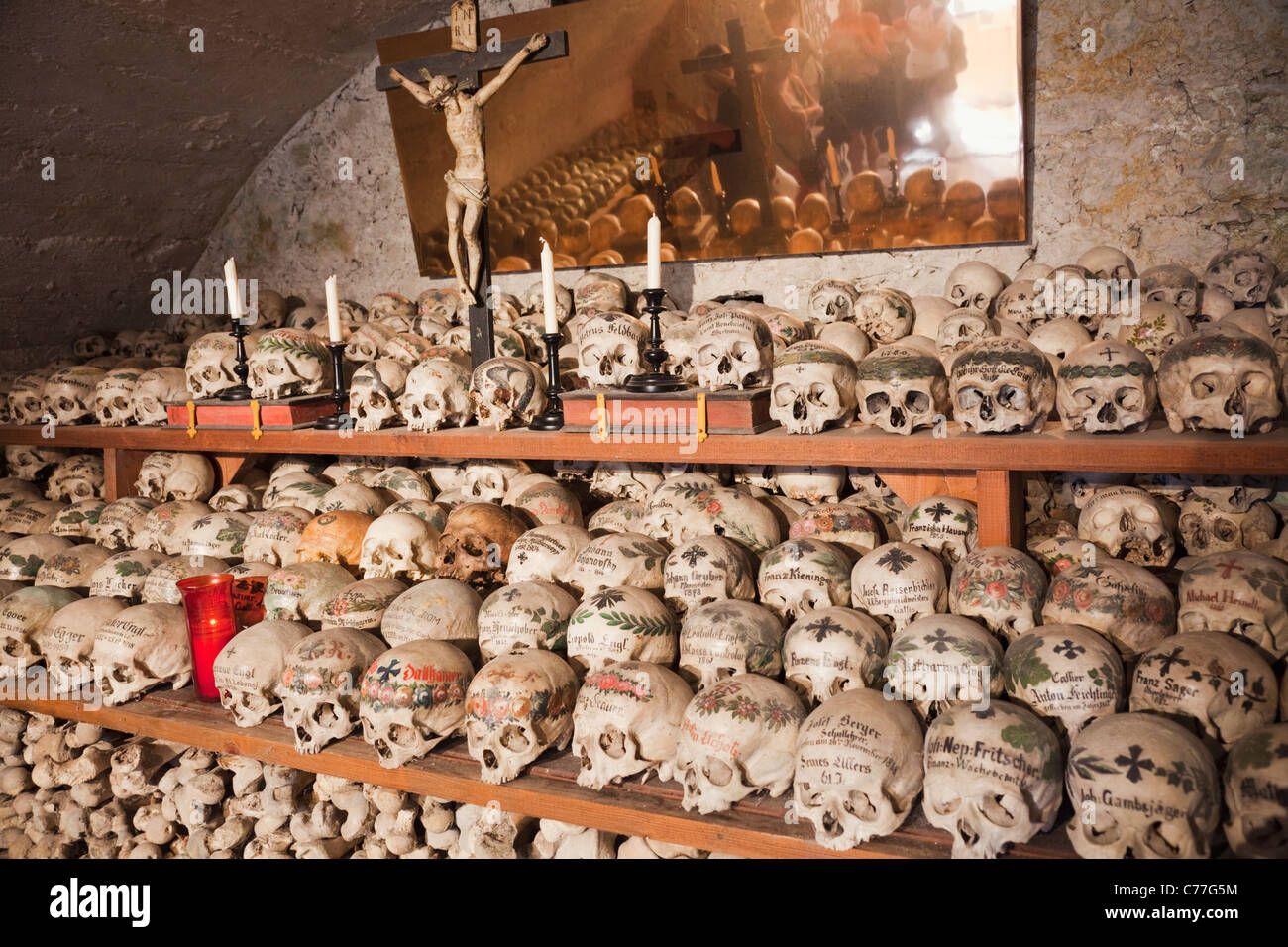 Austria, Salzkammergut, Hallstatt, Chapel of St.Michael Church, Skulls in the Charnel House Stock Photo