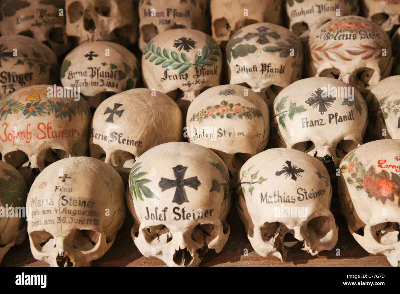 Austria, Salzkammergut, Hallstatt, Chapel of St.Michael Church, Skulls in the Charnel House Stock Photo