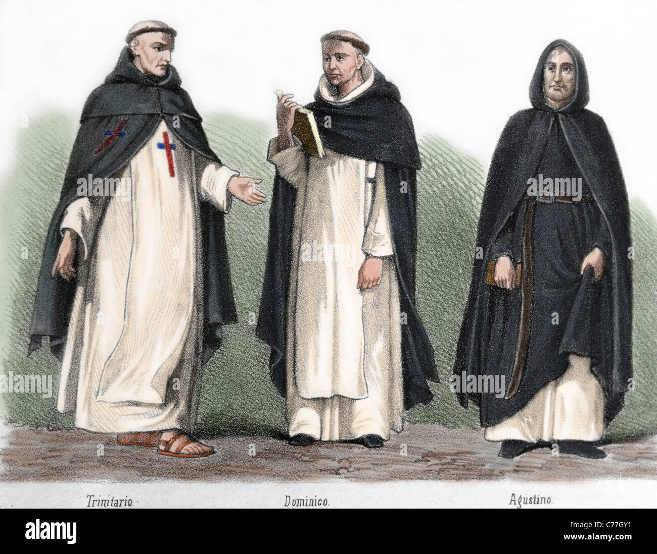 Mendicant orders in the Middle Ages. From left to right, Trinitarian friar, Dominican and Augustinian. Stock Photo