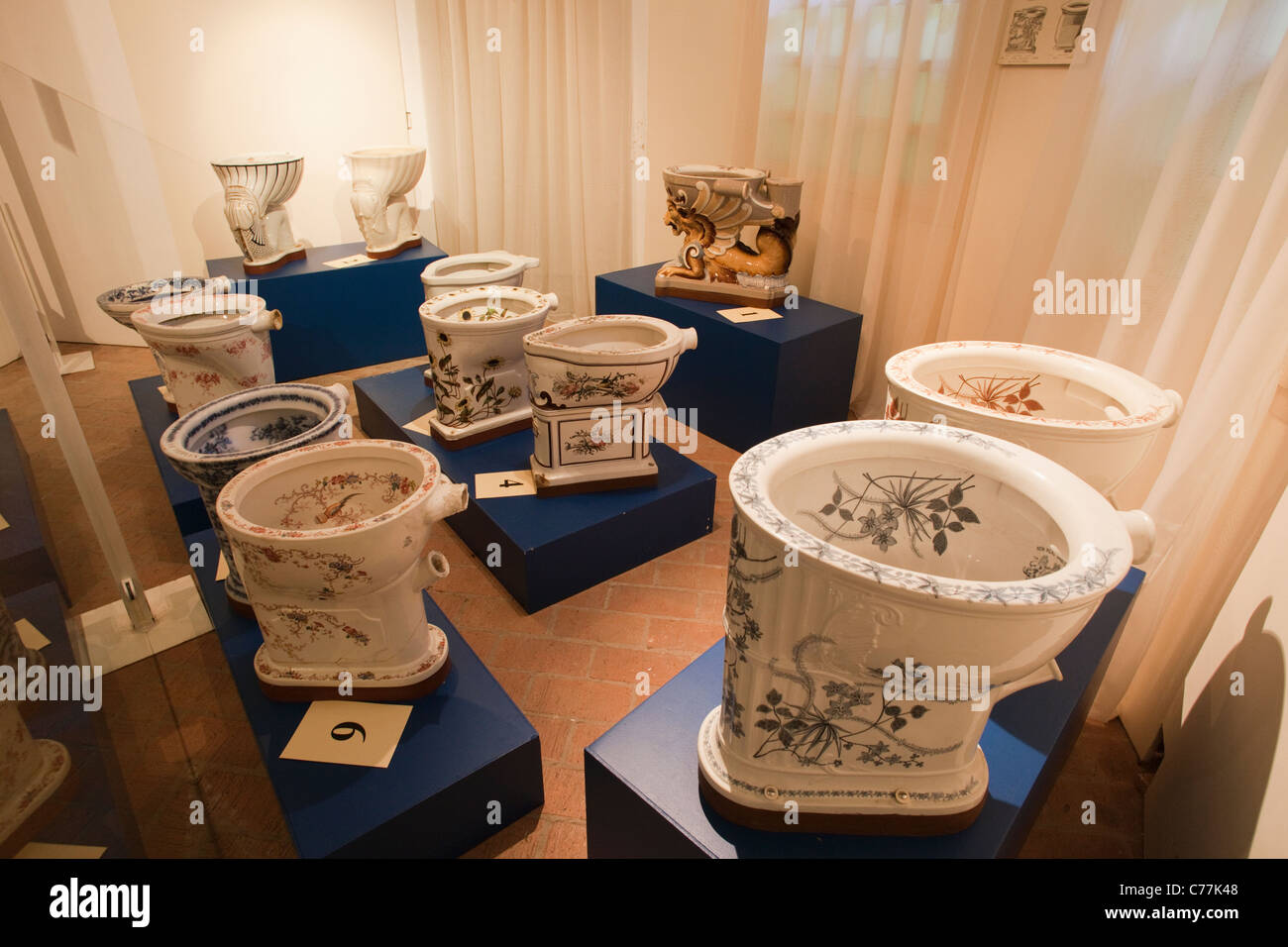 Austria, Wachau, Artstetten Castle, Display of Antique Toilets Stock Photo