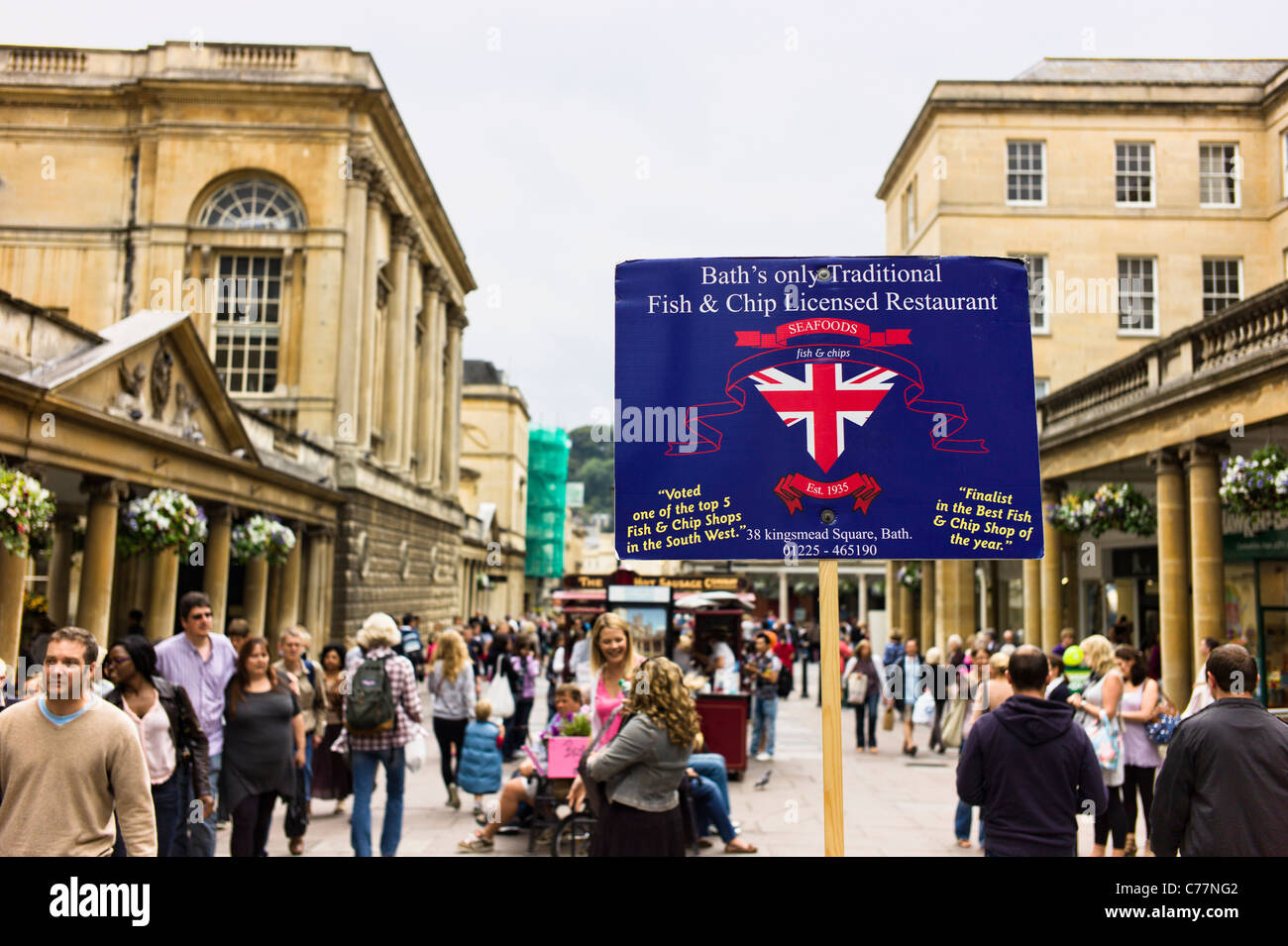 Advertising placard promoting a Fish & Chip restaurant in Bath UK Stock