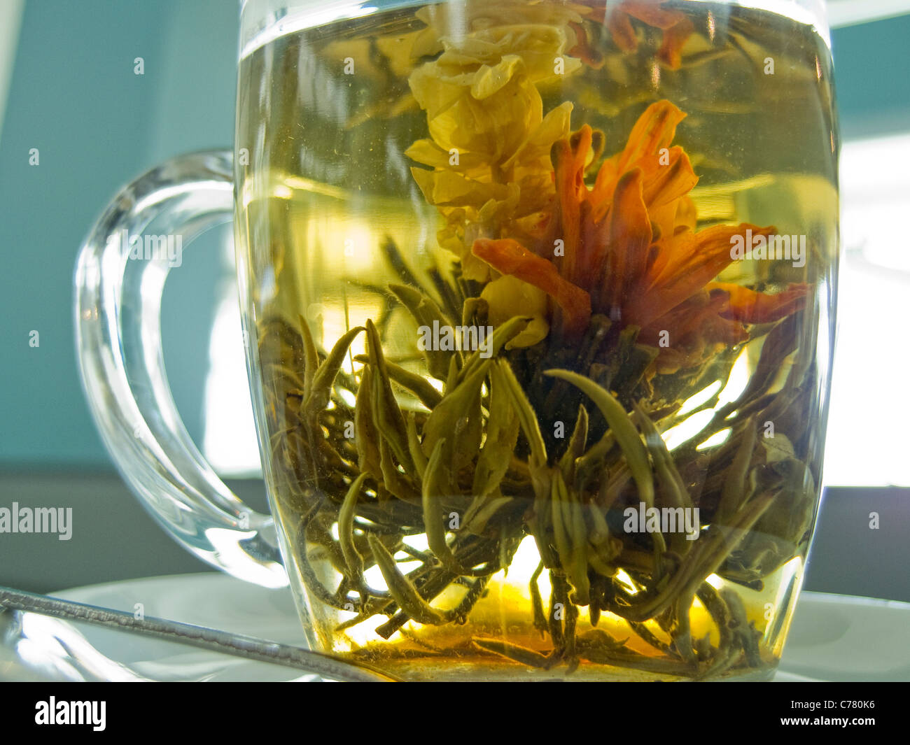 Flowering tea in clear mug in London, England Stock Photo