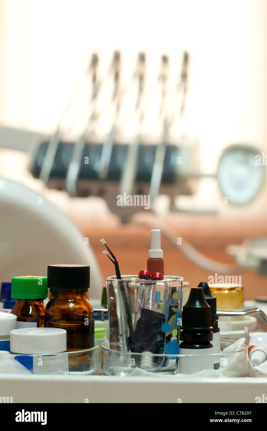Dental supplies and equipment blurred on background. Vertical image