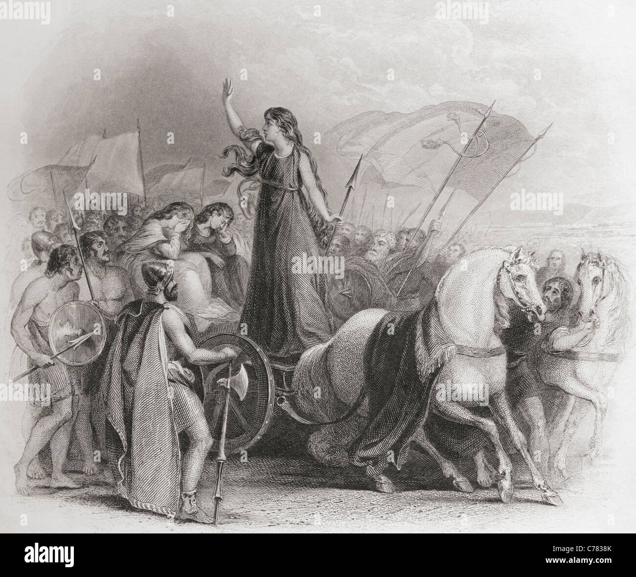 Boadicea Haranguing the Britons. Boudica, ? - d. AD 60 or 61. Queen of the British Iceni tribe. Stock Photo