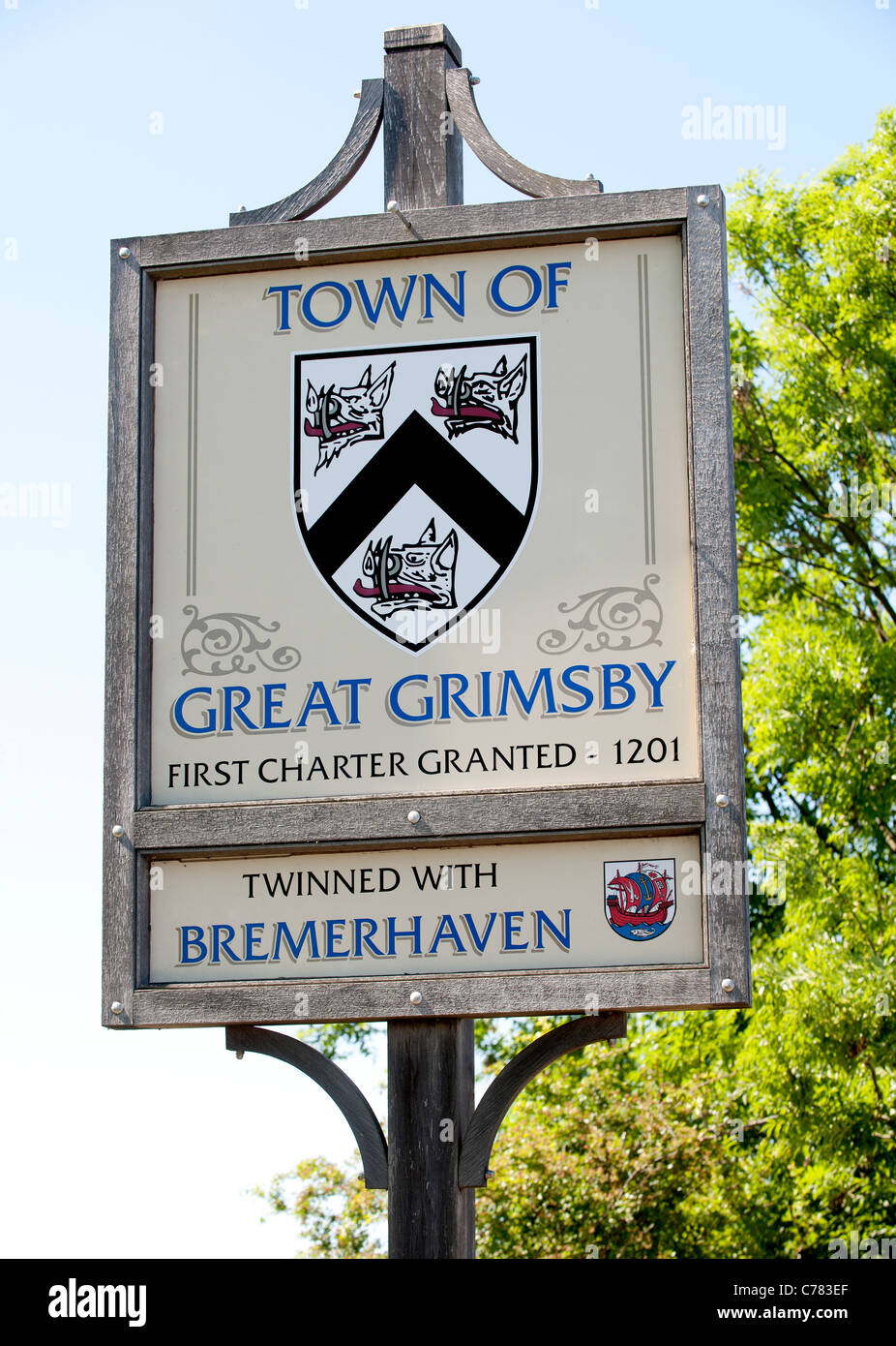 Sign post at the boundary of Grimsby Town, Grimsby. Stock Photo