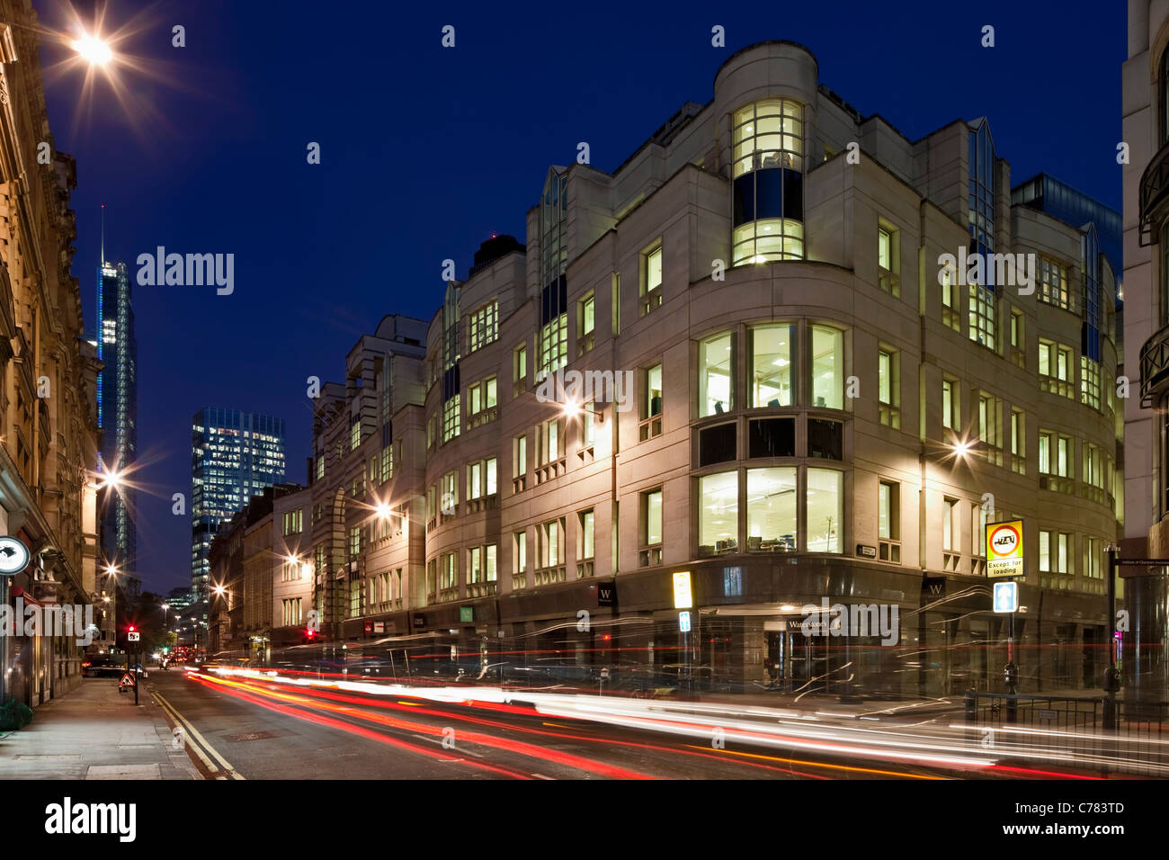 London Wall offices in the City of London at night. Stock Photo