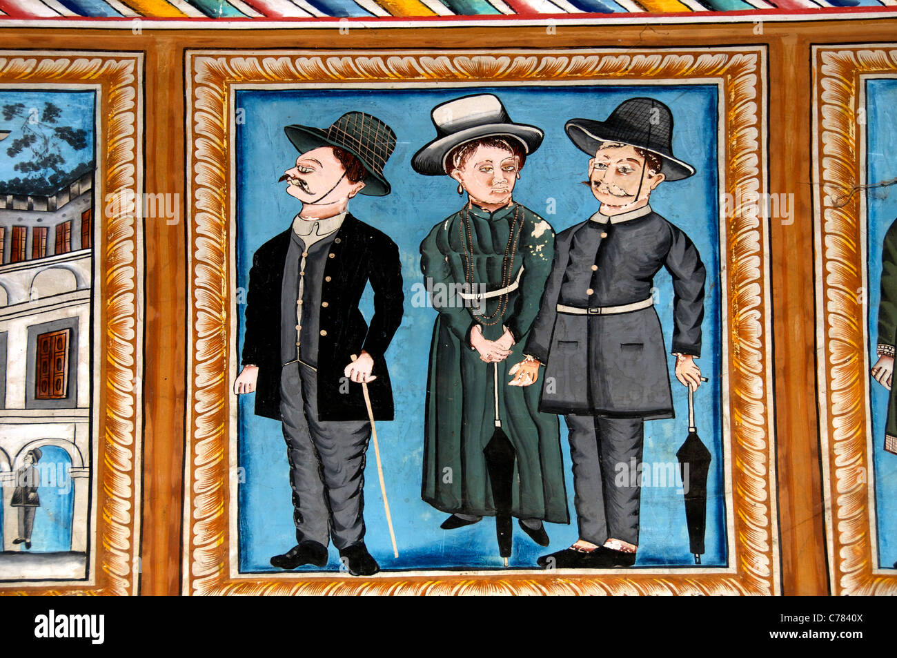 Restored mural of three Europeans Mandawa Shekhawati Northern Rajasthan India Stock Photo