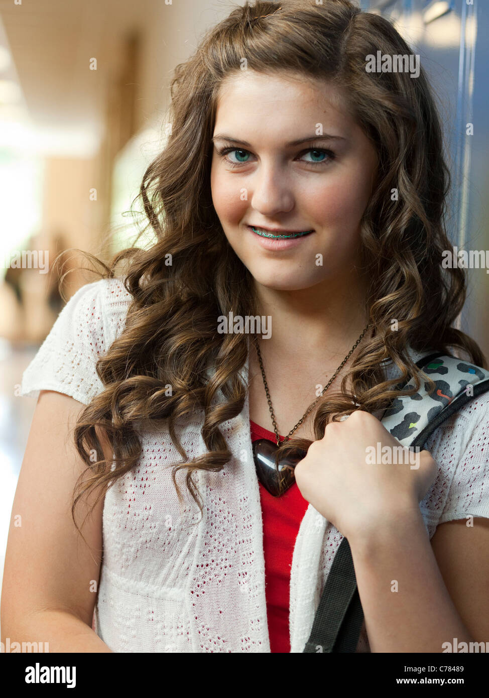 USA, Utah, Spanish Fork, Portrait of school girl (1415) in corridor