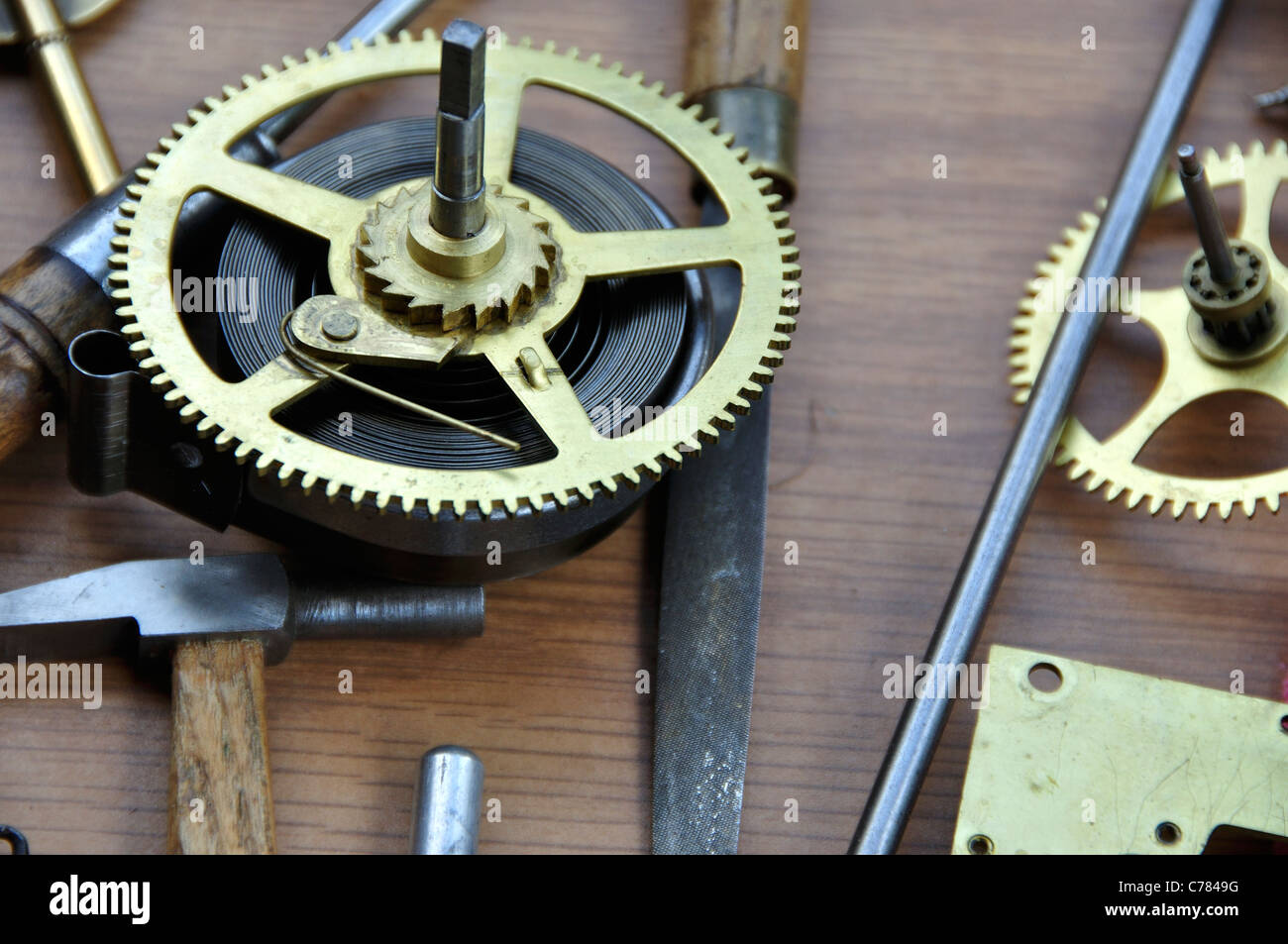 Workbench of a clock repairman Stock Photo