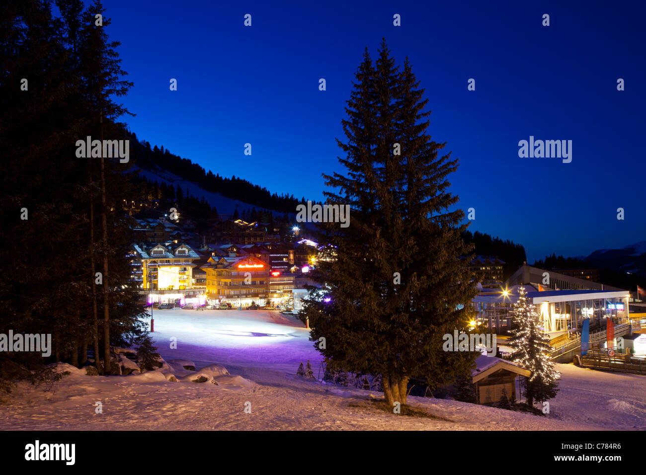 Courchevel 1850 at dusk, Courchevel 1850, France. Stock Photo