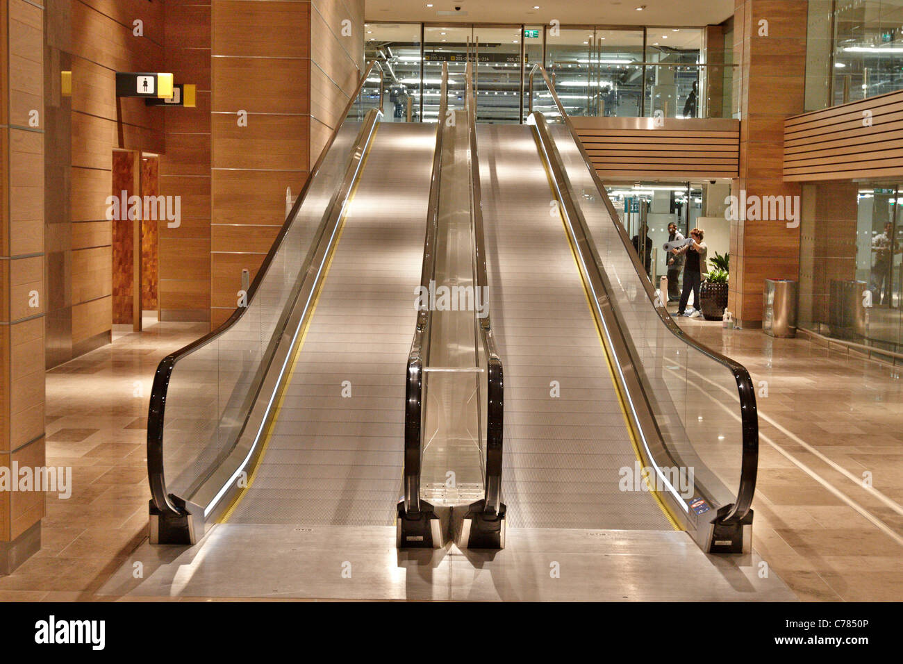 Travelators leading to a car park at Westfield Stratford City shopping centre on its opening day Stock Photo