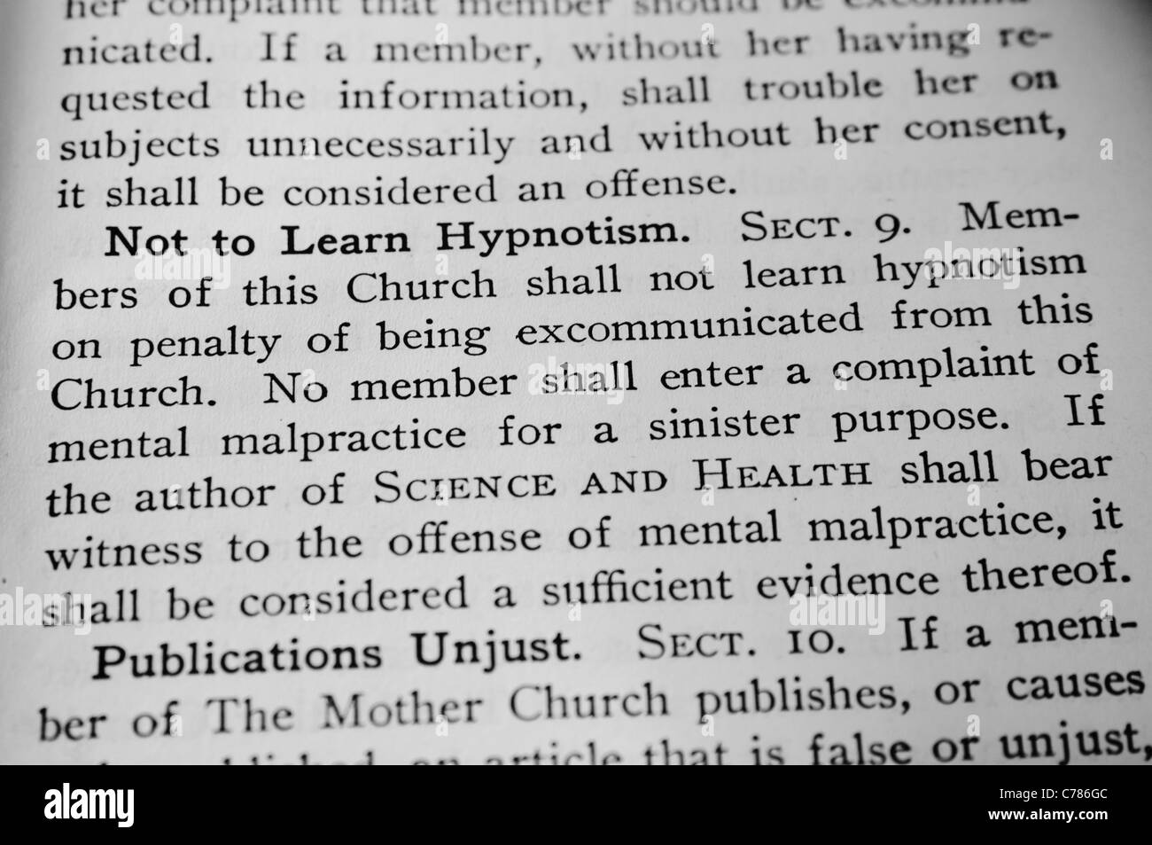 Ban on Hypnotism in the Christian Science Church Manual by Mary Baker Eddy Stock Photo