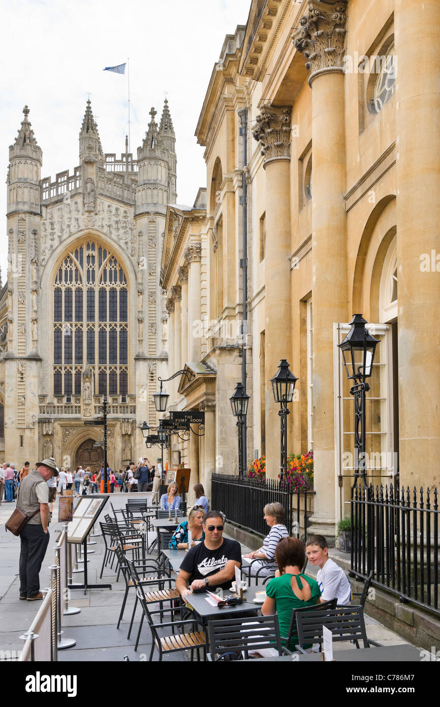 Terrace of the famous Pump Room restaurant at the Roman Baths with the ...