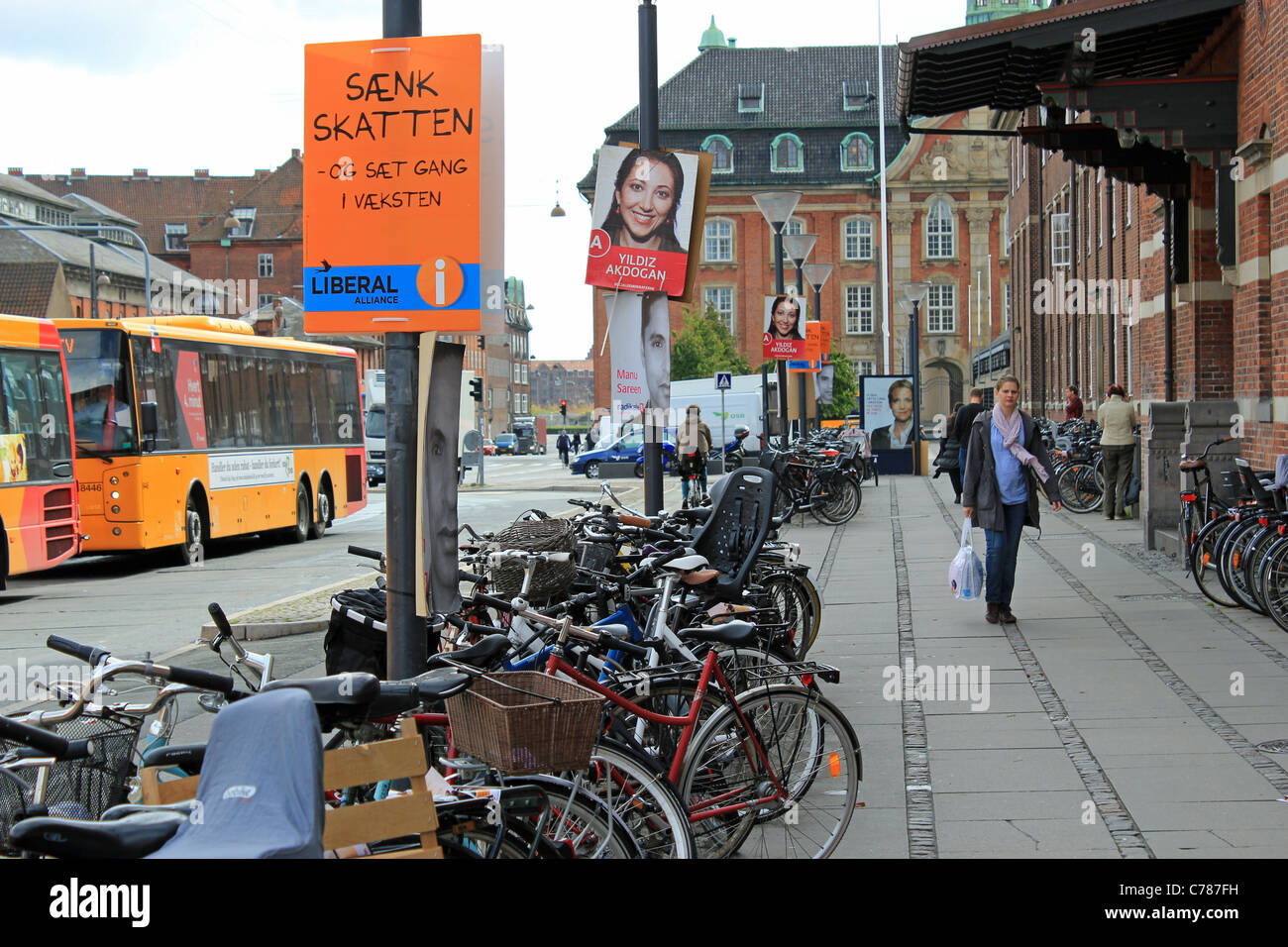 Danish parliamentary election posters front of Copenhagen main railway station Stock Photo