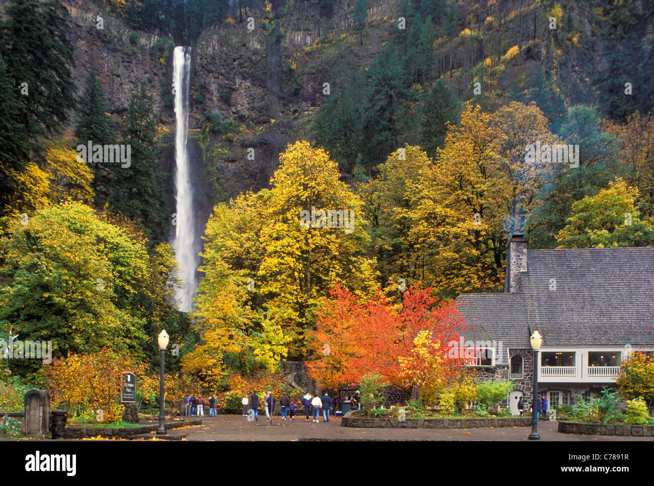 Multnomah Falls and Lodge with trees in Fall color; Columbia River Gorge National Scenic Area, Oregon. Stock Photo