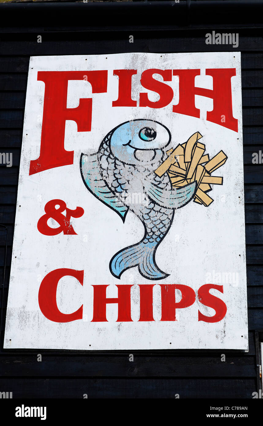 Fish and Chips sign in Hastings, East Sussex, England Stock Photo