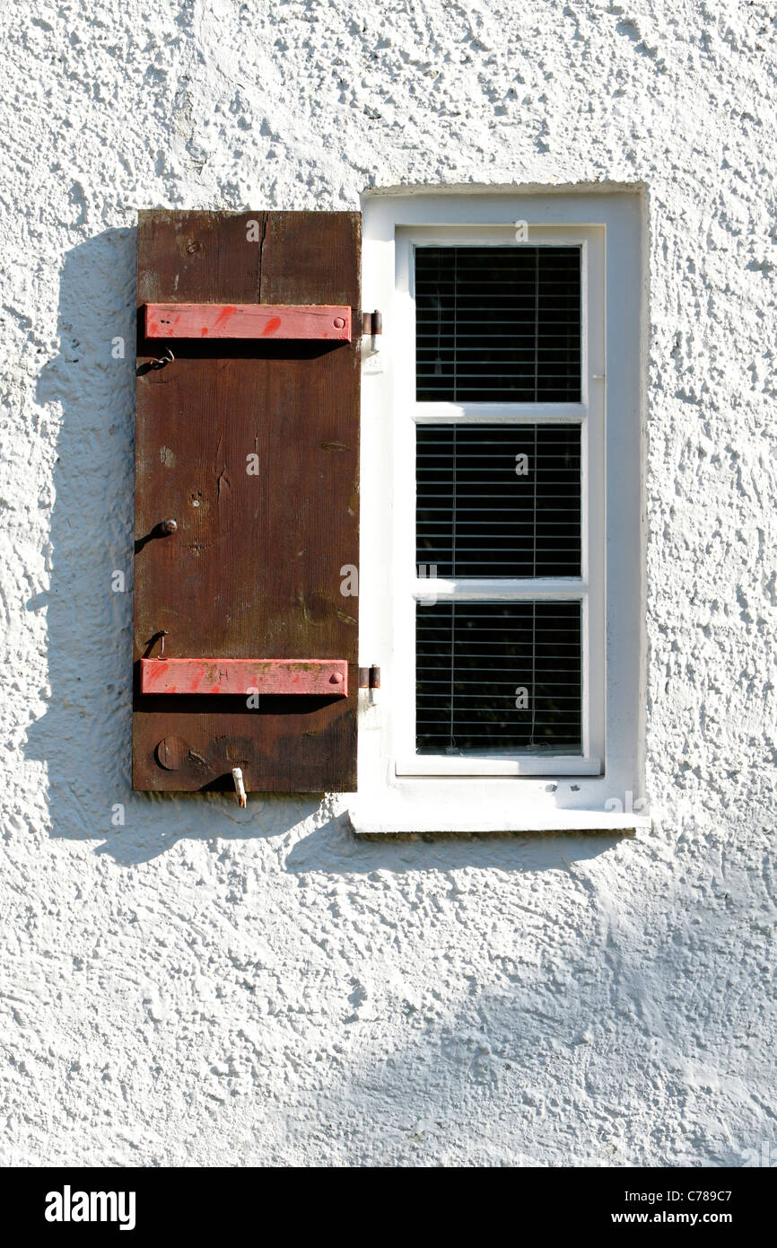 Old window with open wood shutter on white wall Stock Photo - Alamy