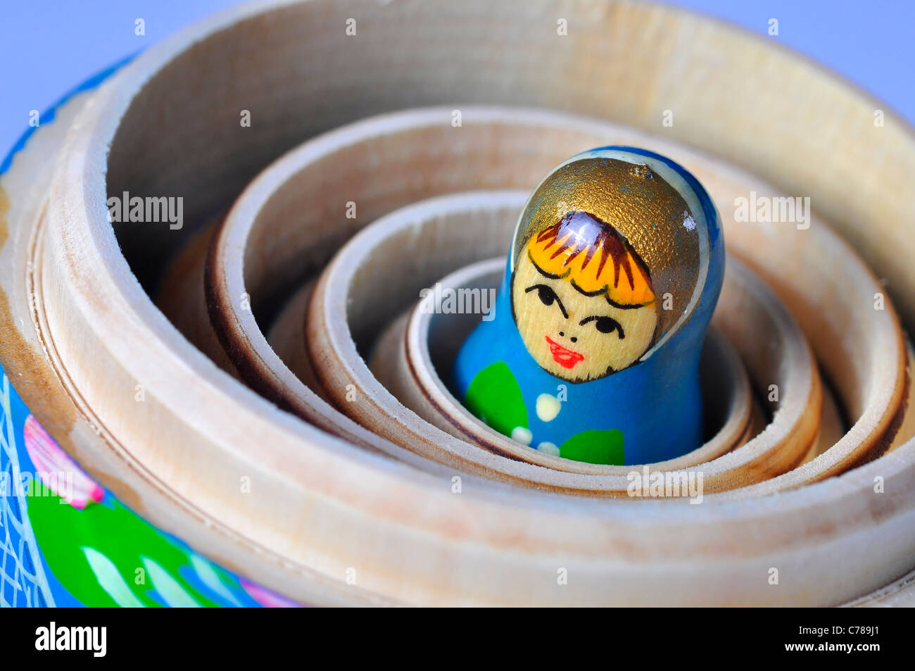 The smallest of the Matrioska Russian Dolls, inside the others Stock Photo