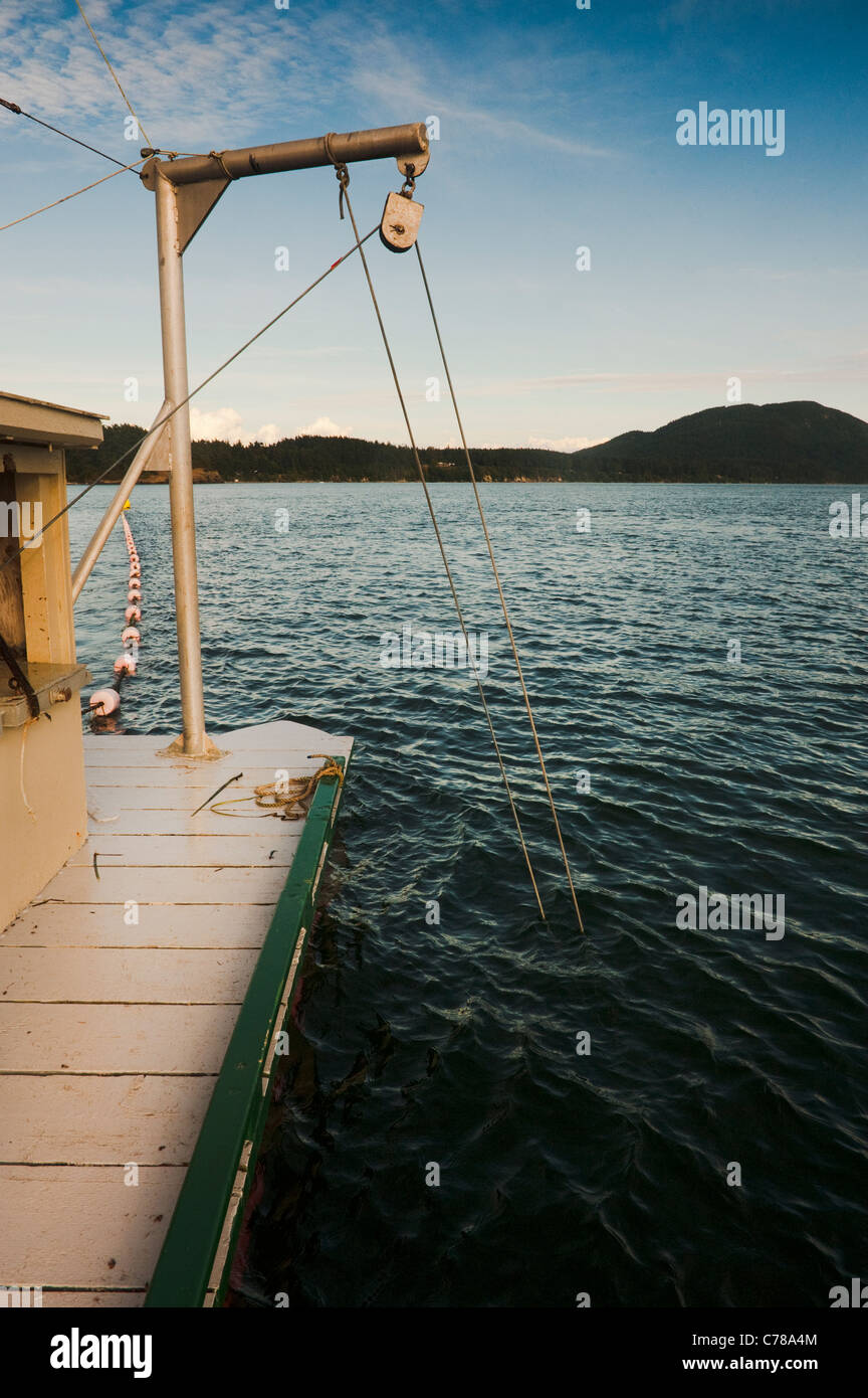 Winches, cables, and ropes make up a reefnet salmon fishing boats ...