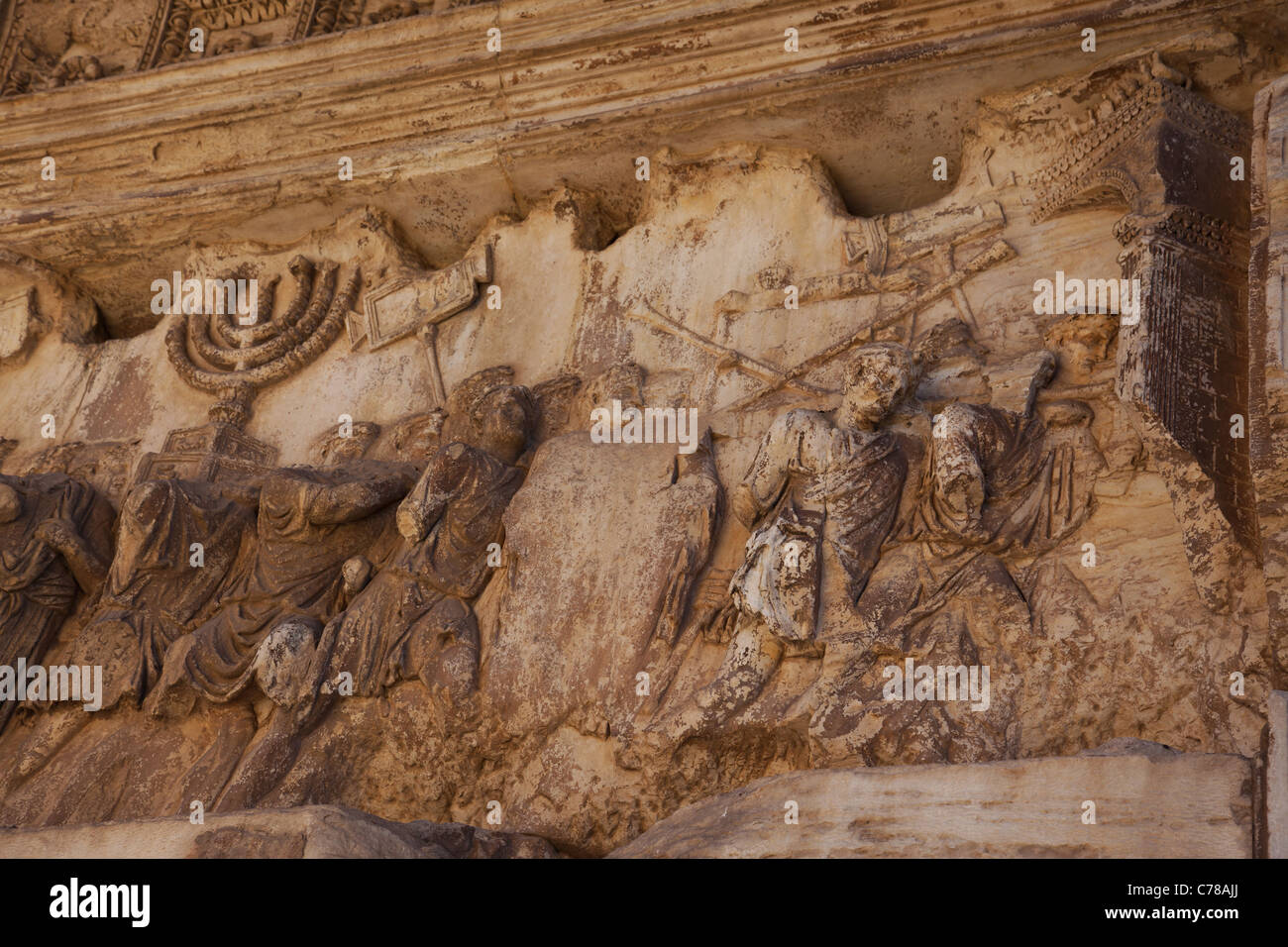 Scene showing the destruction of Jerusalem on the Arch of Titus (Arco di Tito) in Rome. Stock Photo