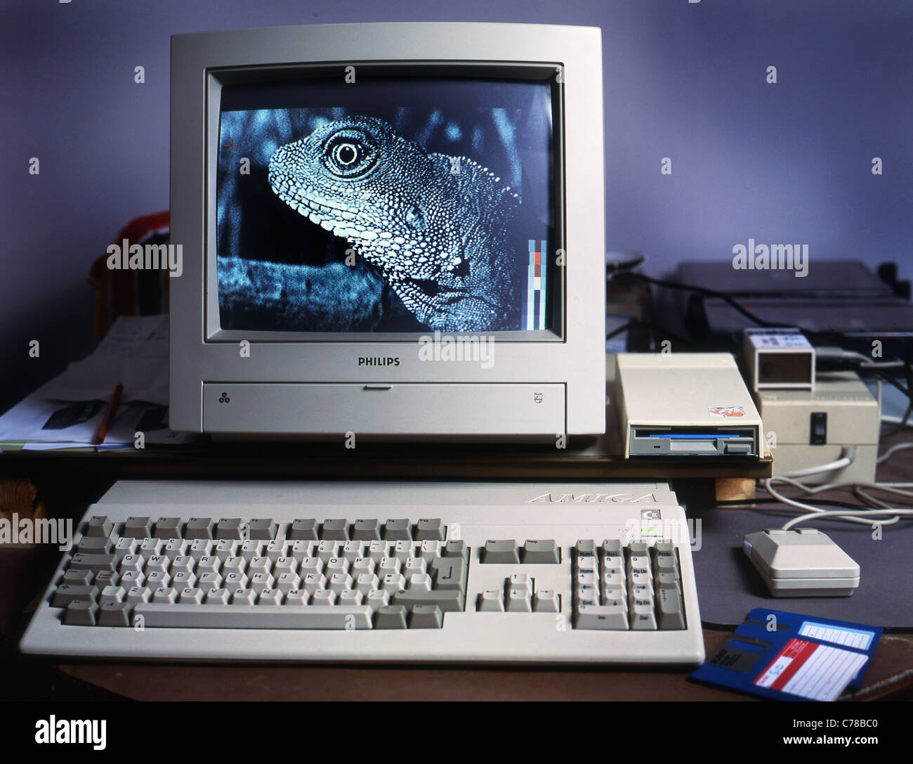 Old Amiga computer set up with monitor and disk drive. Stock Photo