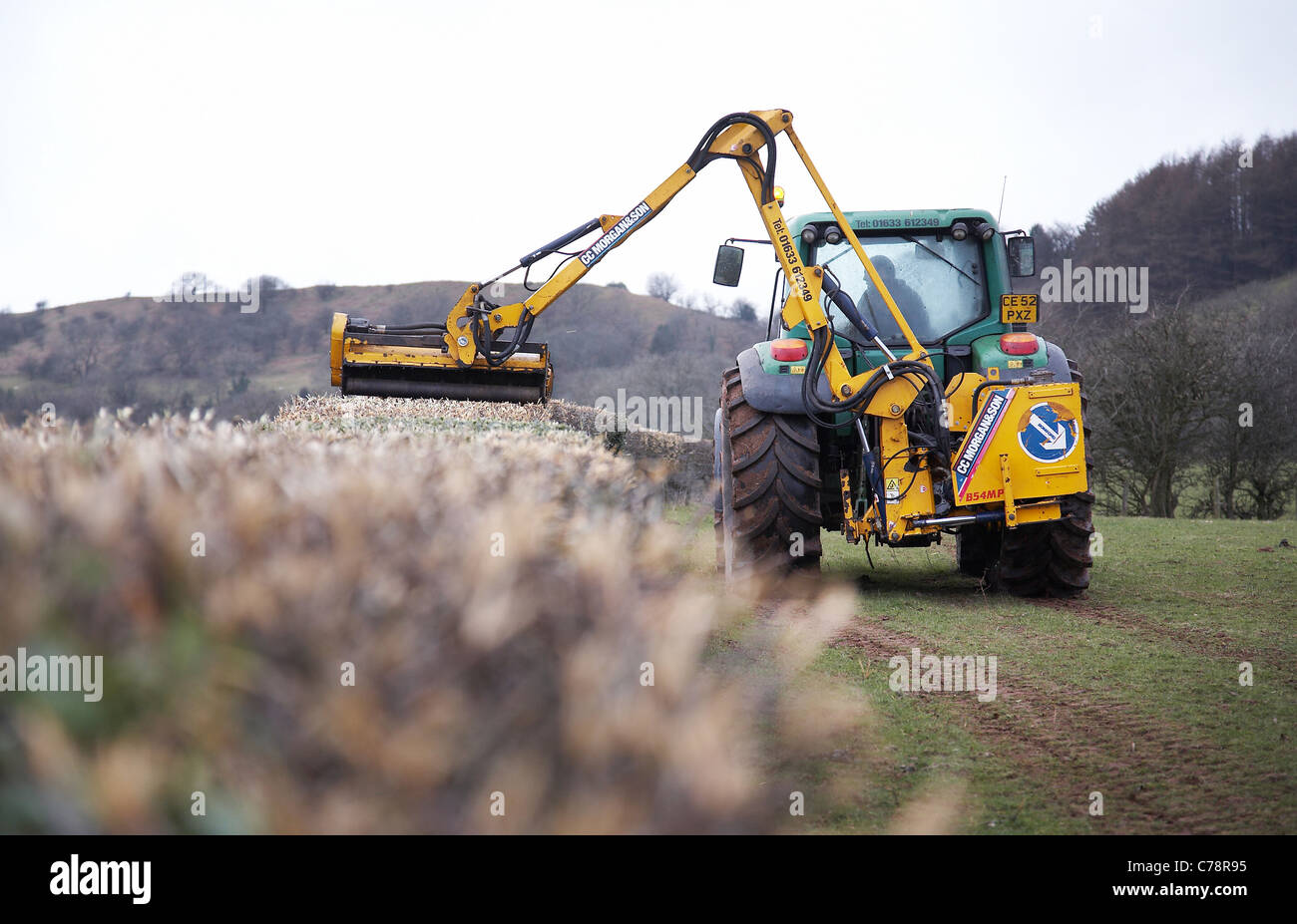 Tractor cutting hedges on farmland in south Wales Stock Photo Alamy