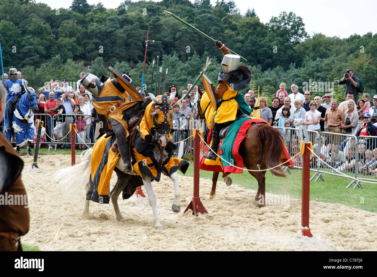 Knights, tournament chivalry. Medieval Festival in Domfront (Orne, Normandy, France). Company 'Il était une fois'. Stock Photo