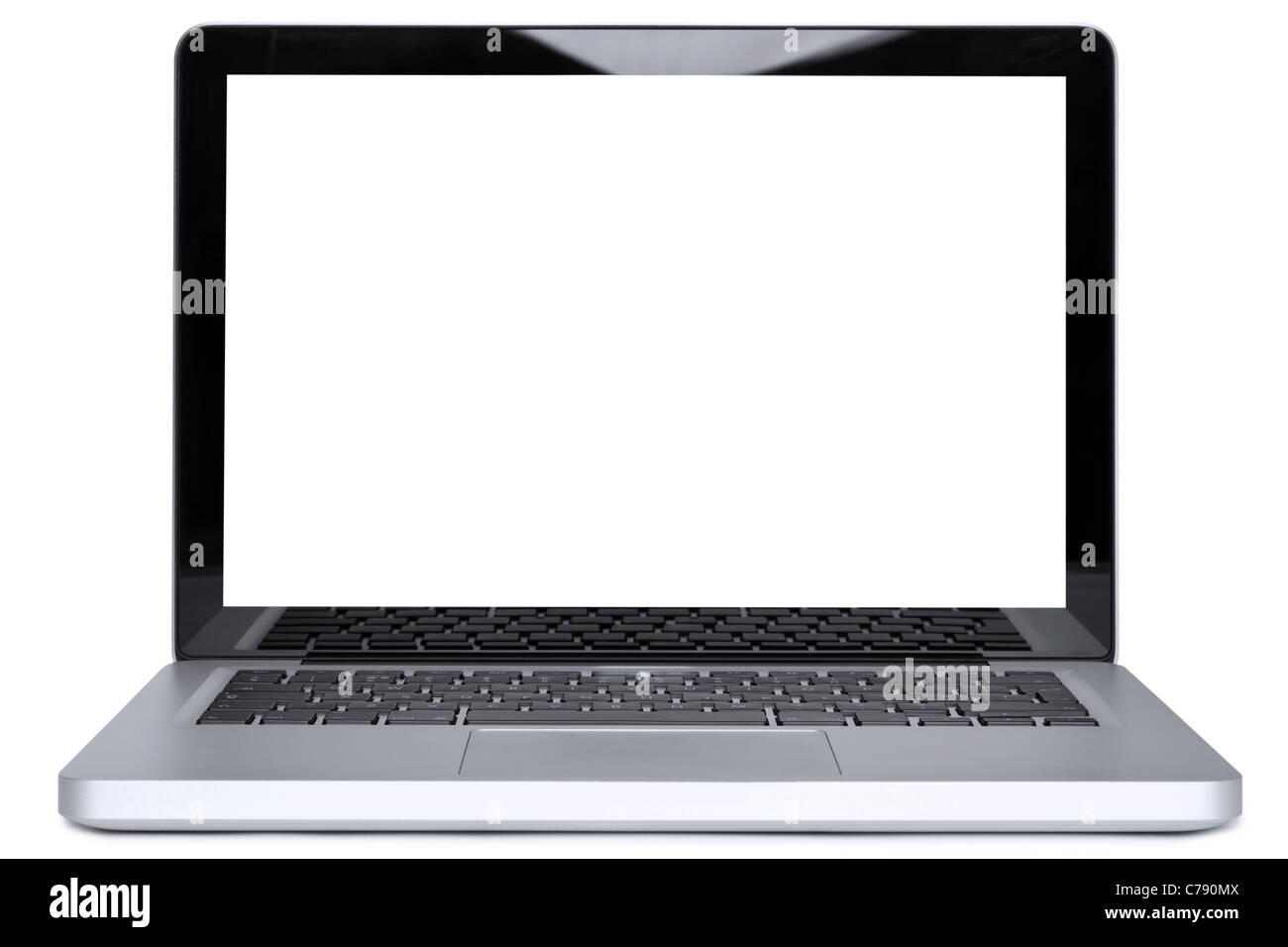 An unbranded new laptop computer, isolated on a white background with clipping paths for the laptop and the screen Stock Photo