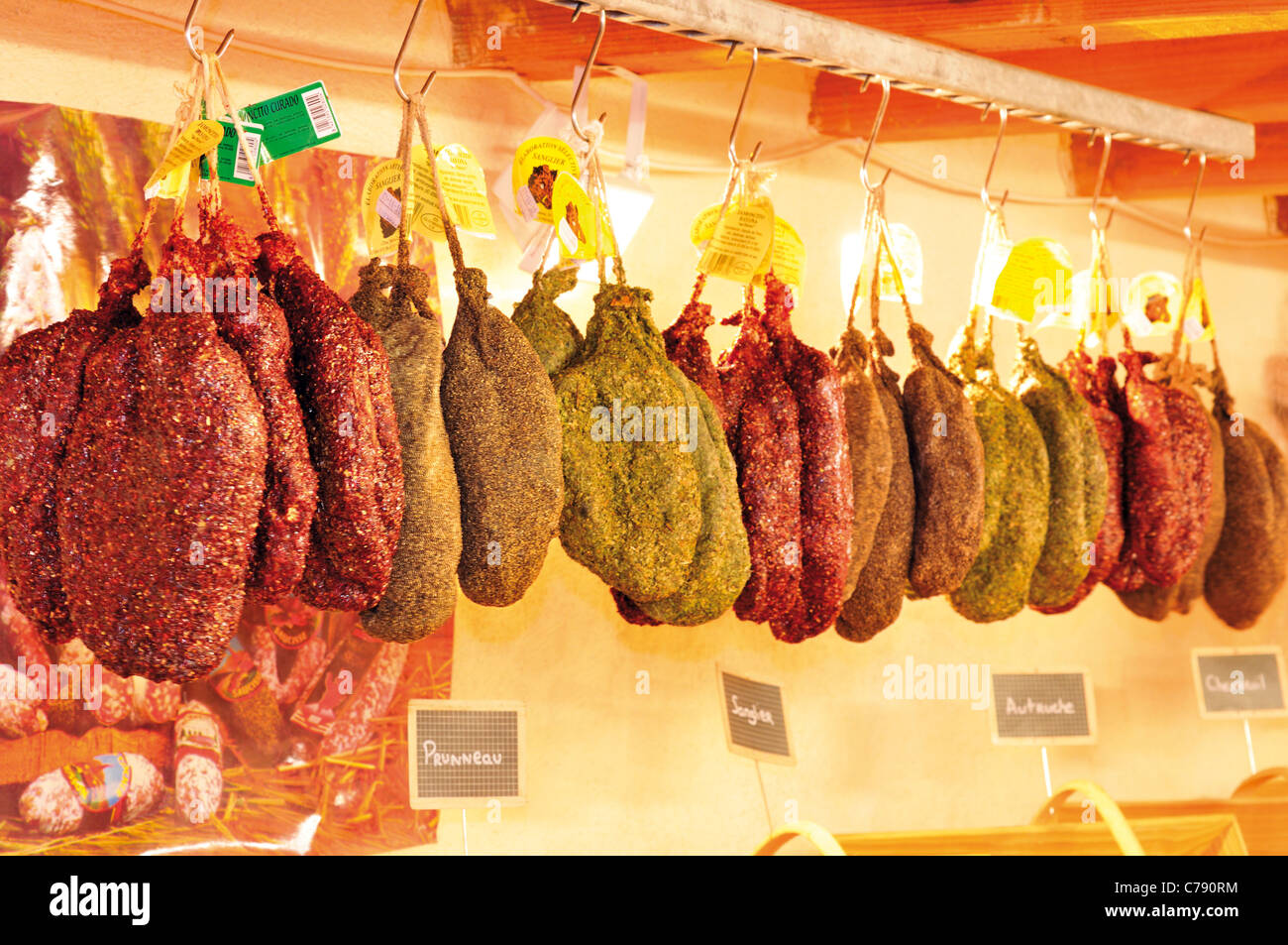 France, Correze: Gourmet shop  in Collonges-la-Rouge with  ham from Spain Stock Photo
