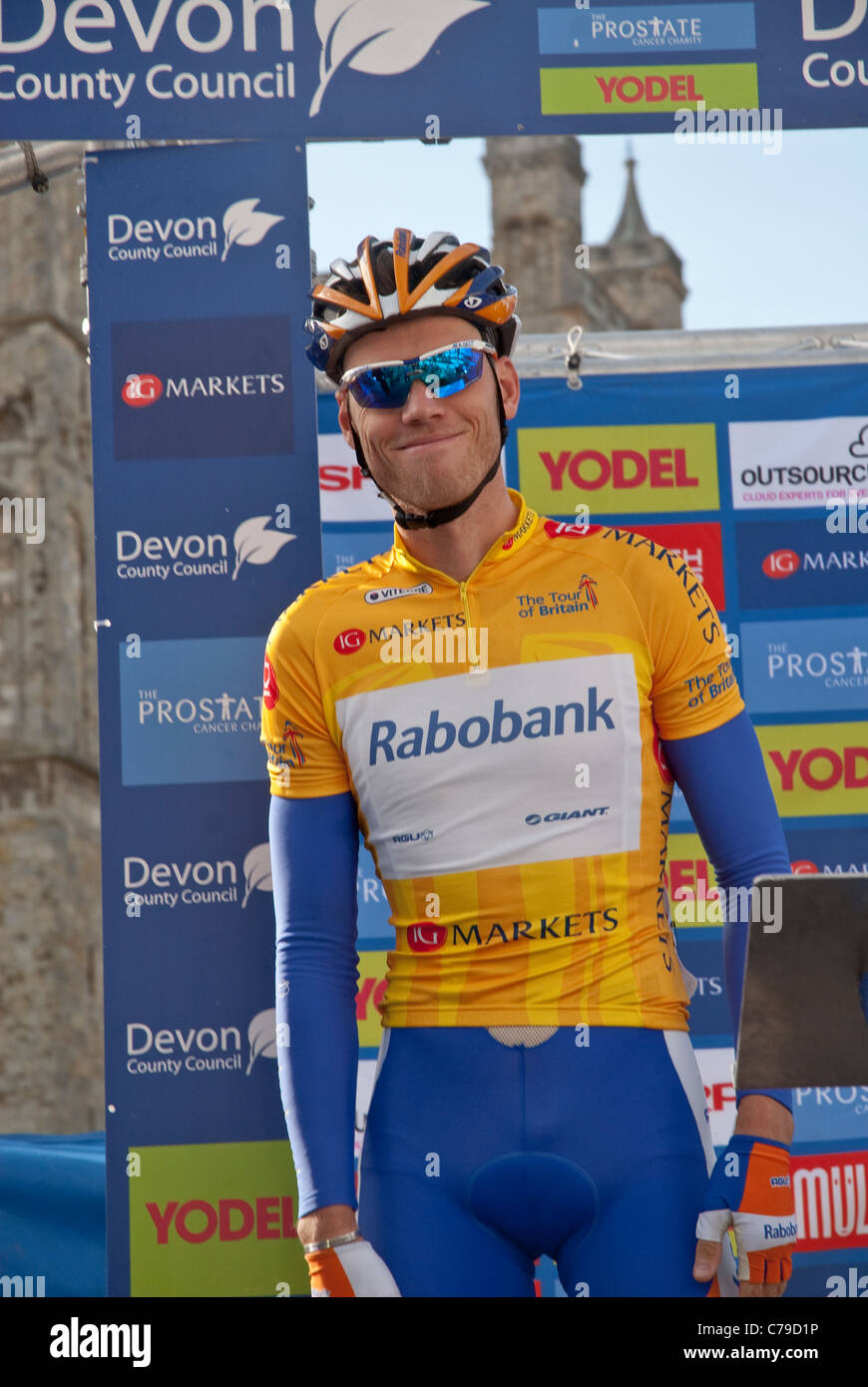 Yellow jersey holder Lars Boom from the Rabobank Cycling Team before the  start of the Tour of Britiain 2011 stage five from Exet Stock Photo - Alamy