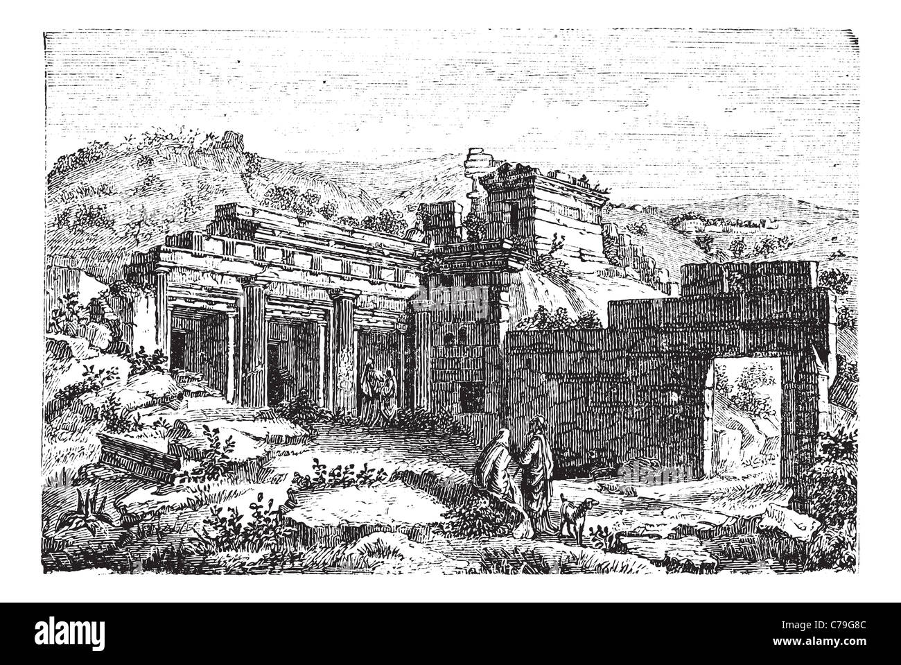 Ruins of Cyrene, in Shahhat, Libya, during the 1890s, vintage engraving. Old engraved illustration of the Ruins of Cyrene. Stock Photo