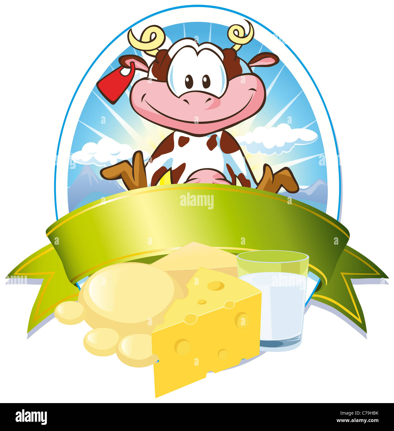 oval frame with cow, milk and cheese Stock Photo