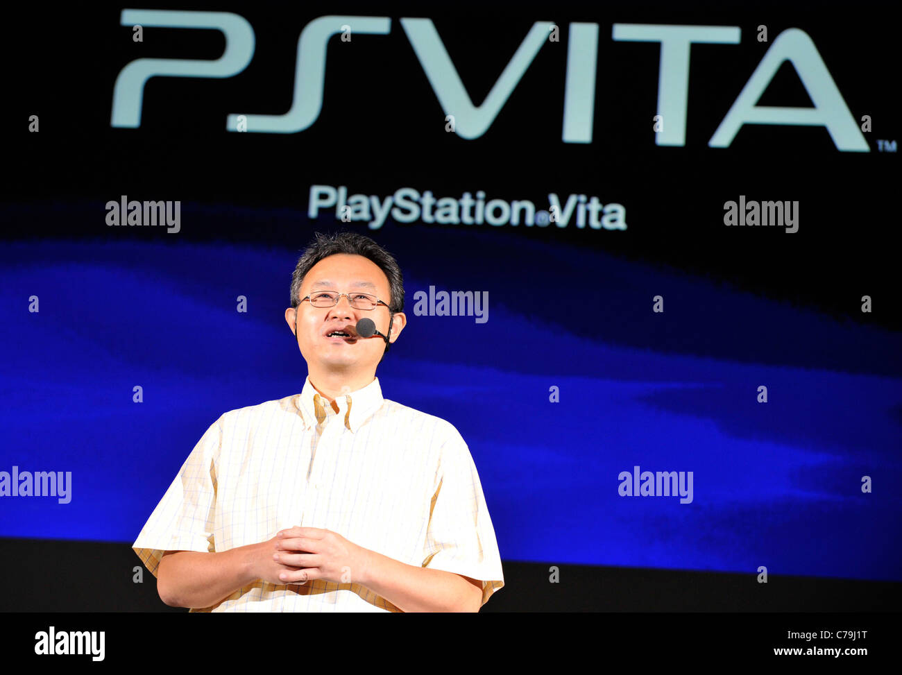 huhei Yoshida, president of Sony Computer Entertainment Worldwide Sudios, introduces PS Vita at Tokyo Game Show 2011 Stock Photo