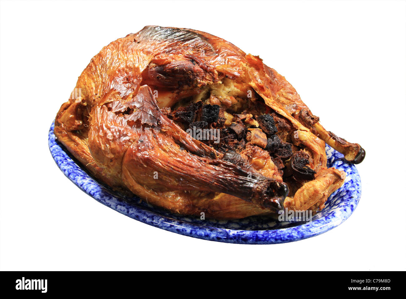 overcooked burned turkey on a blue platter isolated on white Stock Photo