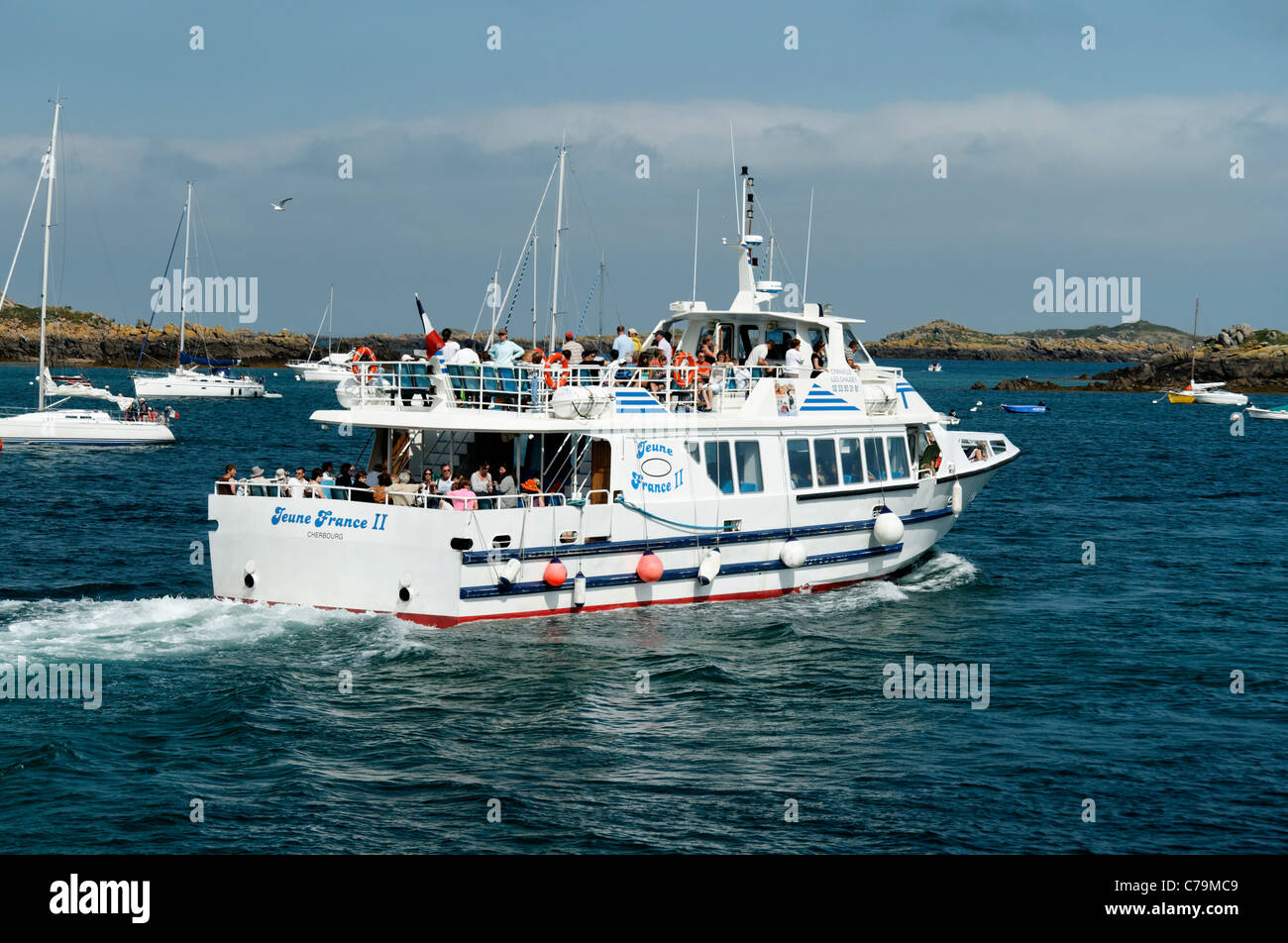 Passenger boa in the Sound in Chausey islands, sea link : Chausey islands - Granville (Manche, Normandy, France). Stock Photo