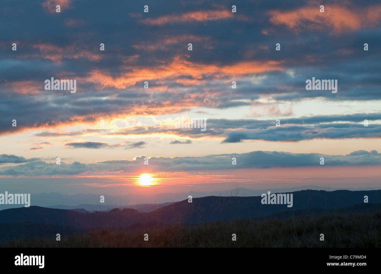 Autumn mountain sunset and evening glow (Carpathian, Ukraine) Stock Photo
