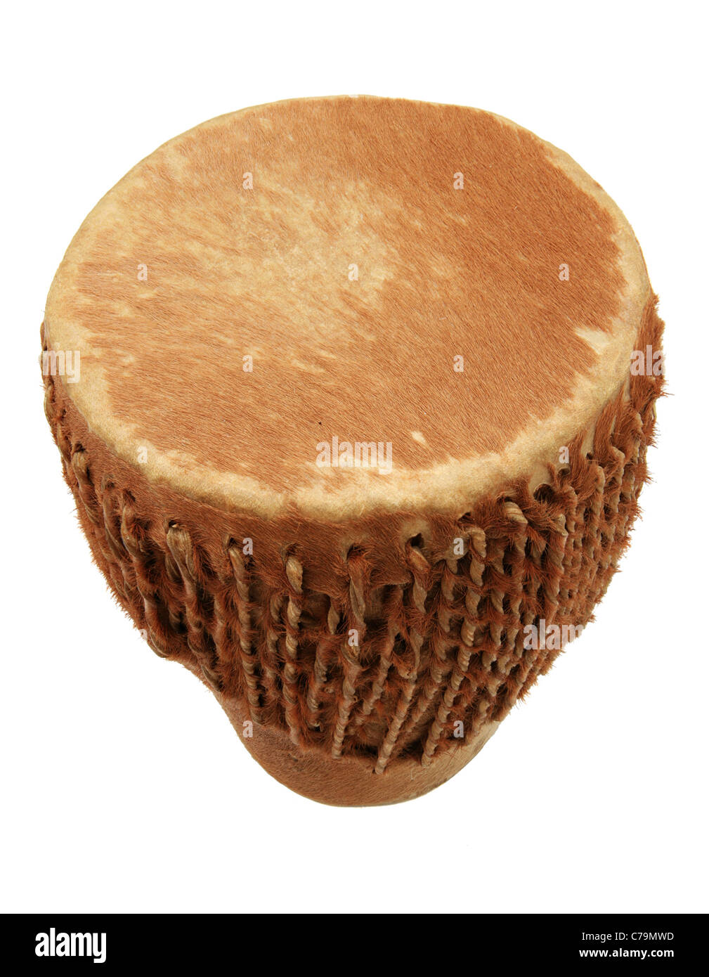 worn used African brown animal hide drum isolated on white Stock Photo
